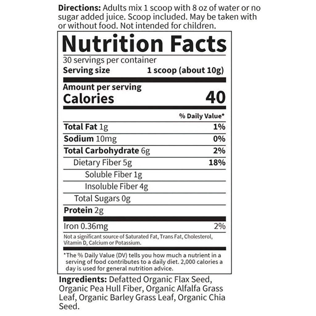 GLF081 | Nutrition Facts panel: serving size 1 scoop (about 10g), 40 calories, 5g dietary fiber, 2g protein; ingredients listed below - Thumbnail