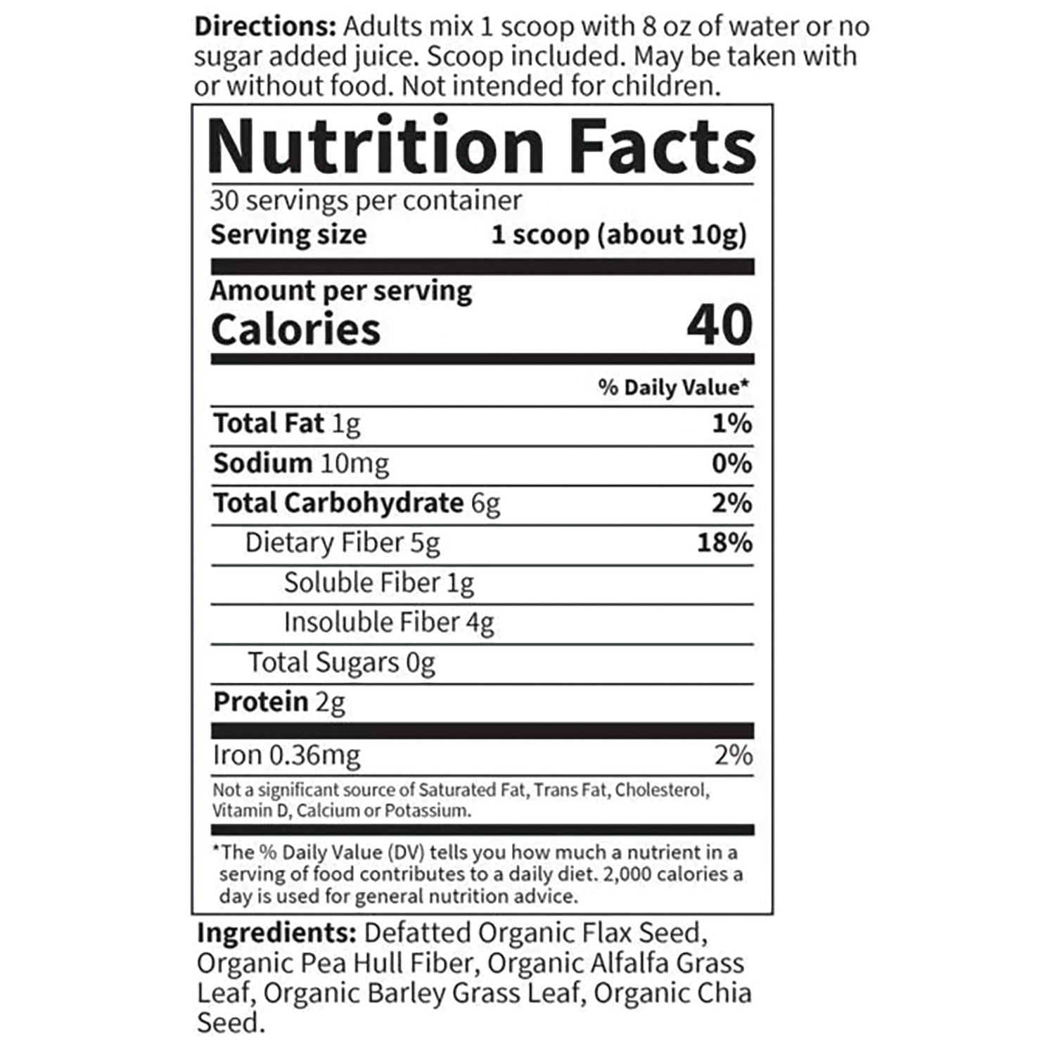 GLF081 | Nutrition Facts panel: serving size 1 scoop (about 10g), 40 calories, 5g dietary fiber, 2g protein; ingredients listed below