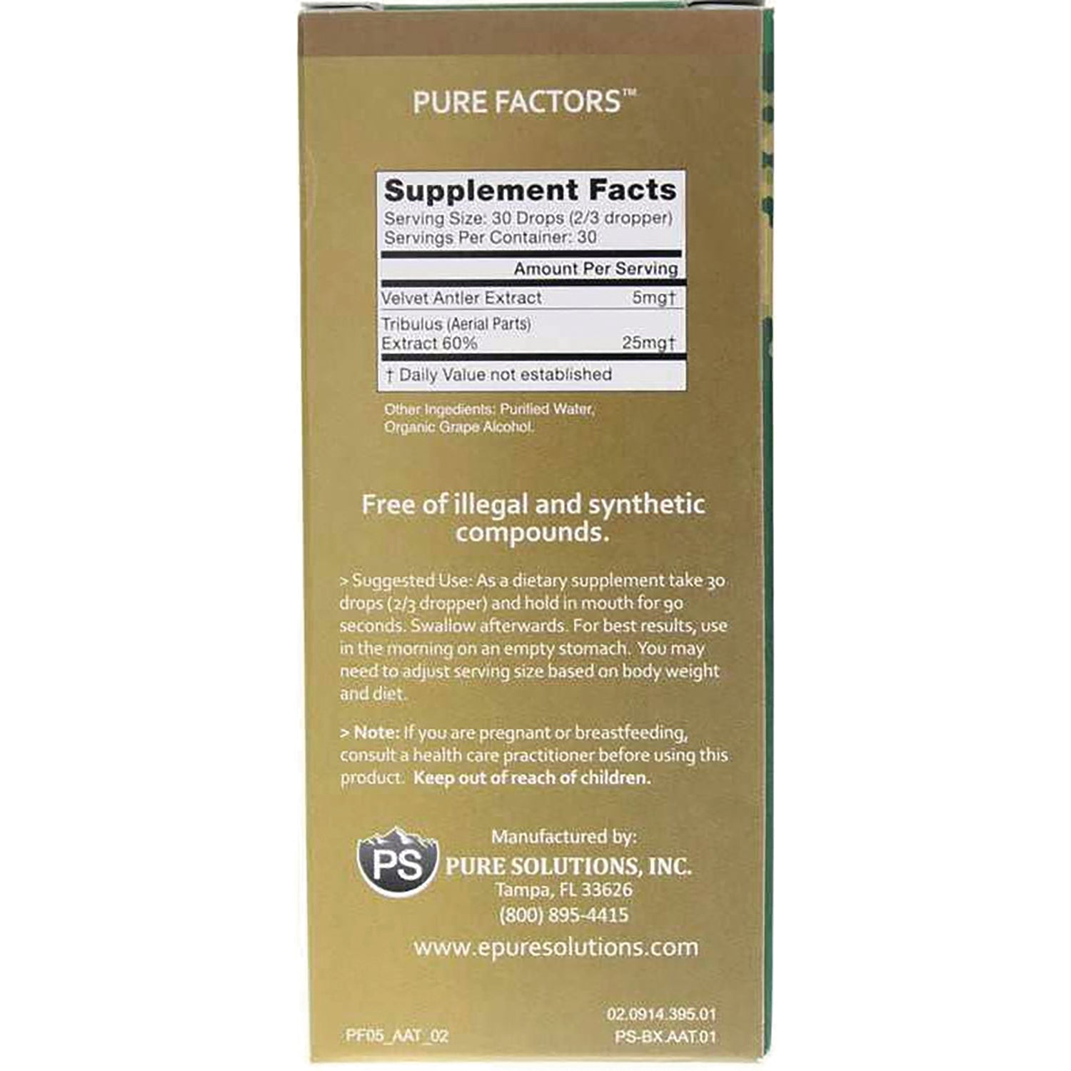 PSL003 | Back of gold product box showing Supplement Facts panel, suggested use, warnings, and Pure Solutions manufacturer info