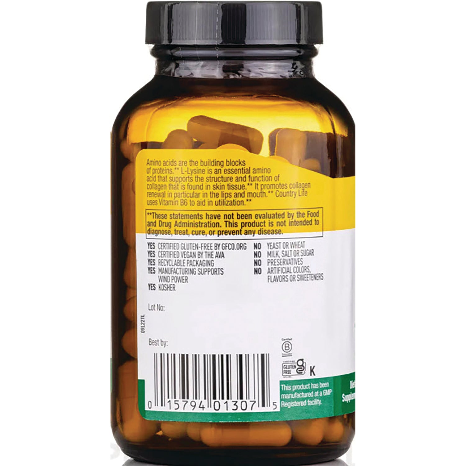 CRL079 | Back label of amber supplement bottle showing ingredient text, certification icons, barcode and capsules inside
