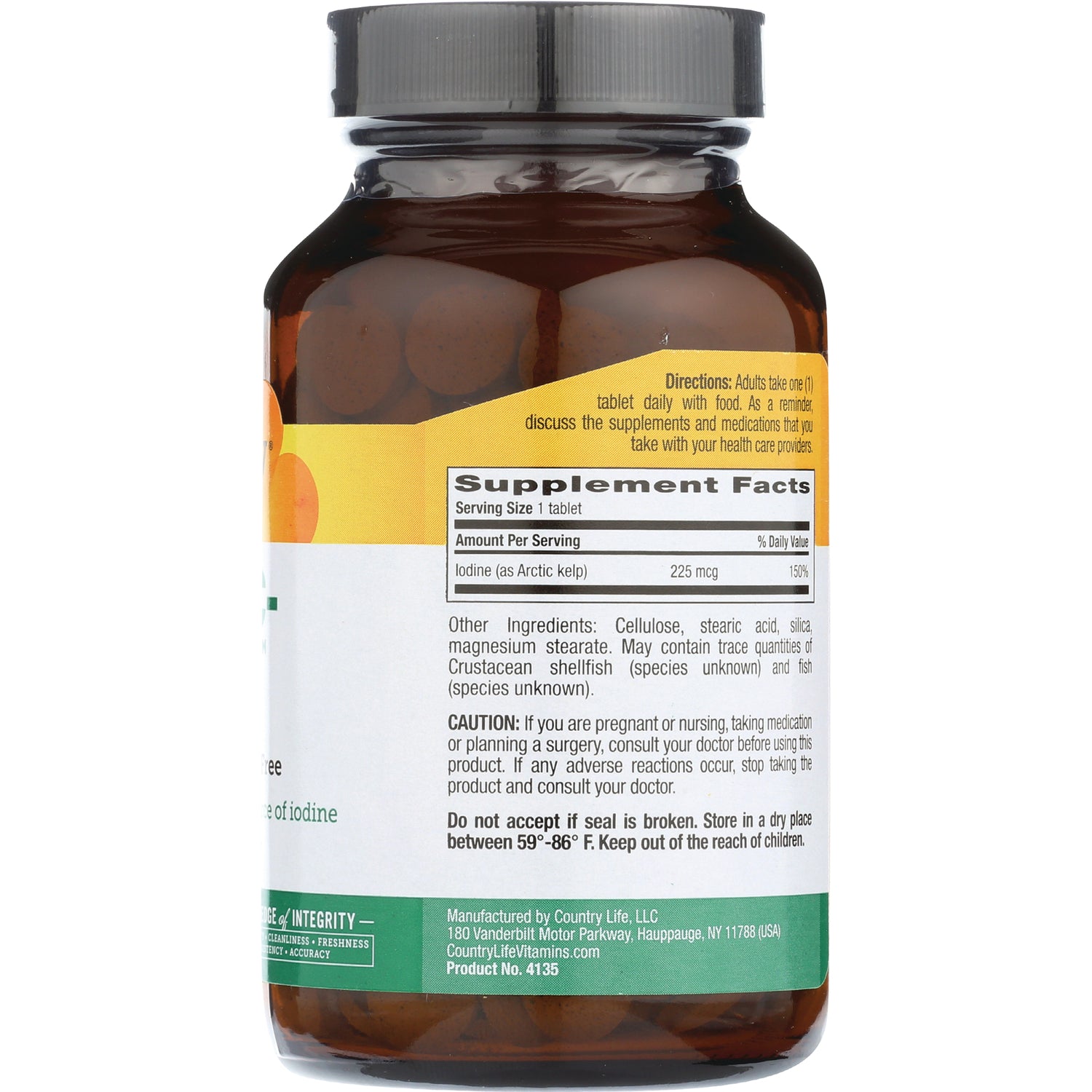 CRL430 | Back of brown supplement bottle showing Supplement Facts panel with Iodine 225 mcg and caution text