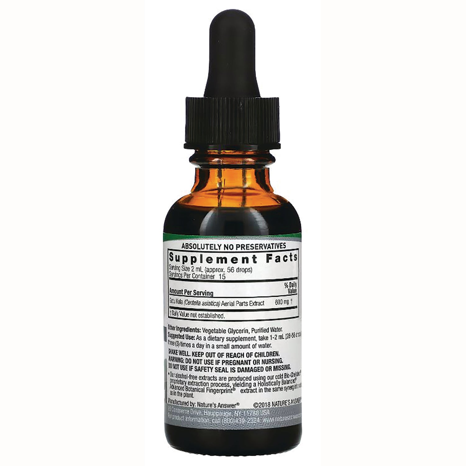 NAT038 | Amber dropper bottle back showing Supplement Facts label, ingredients and usage text