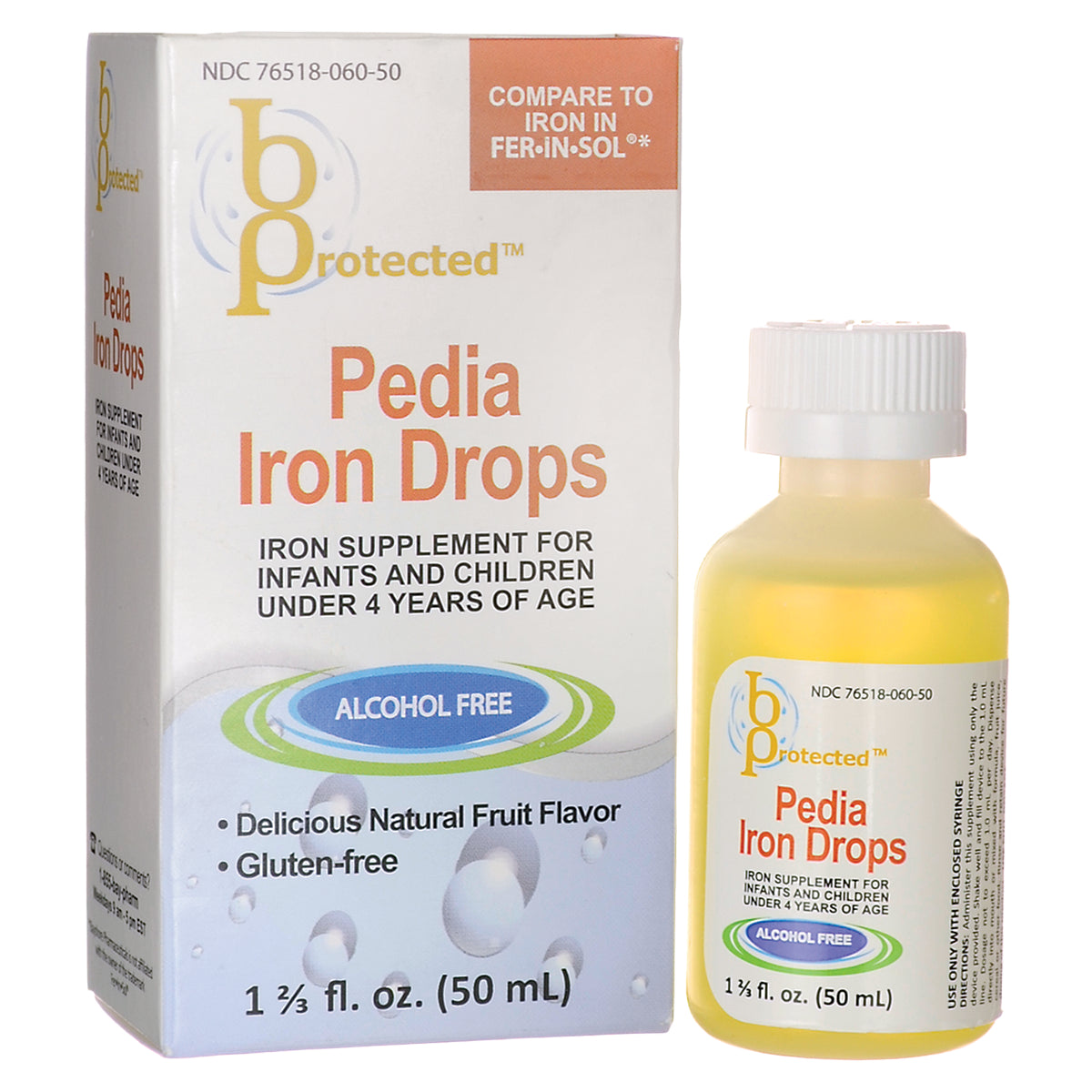 BSP003 | Pedia Iron Drops box and bottle alcohol free iron supplement for infants 1 2/3 fl oz