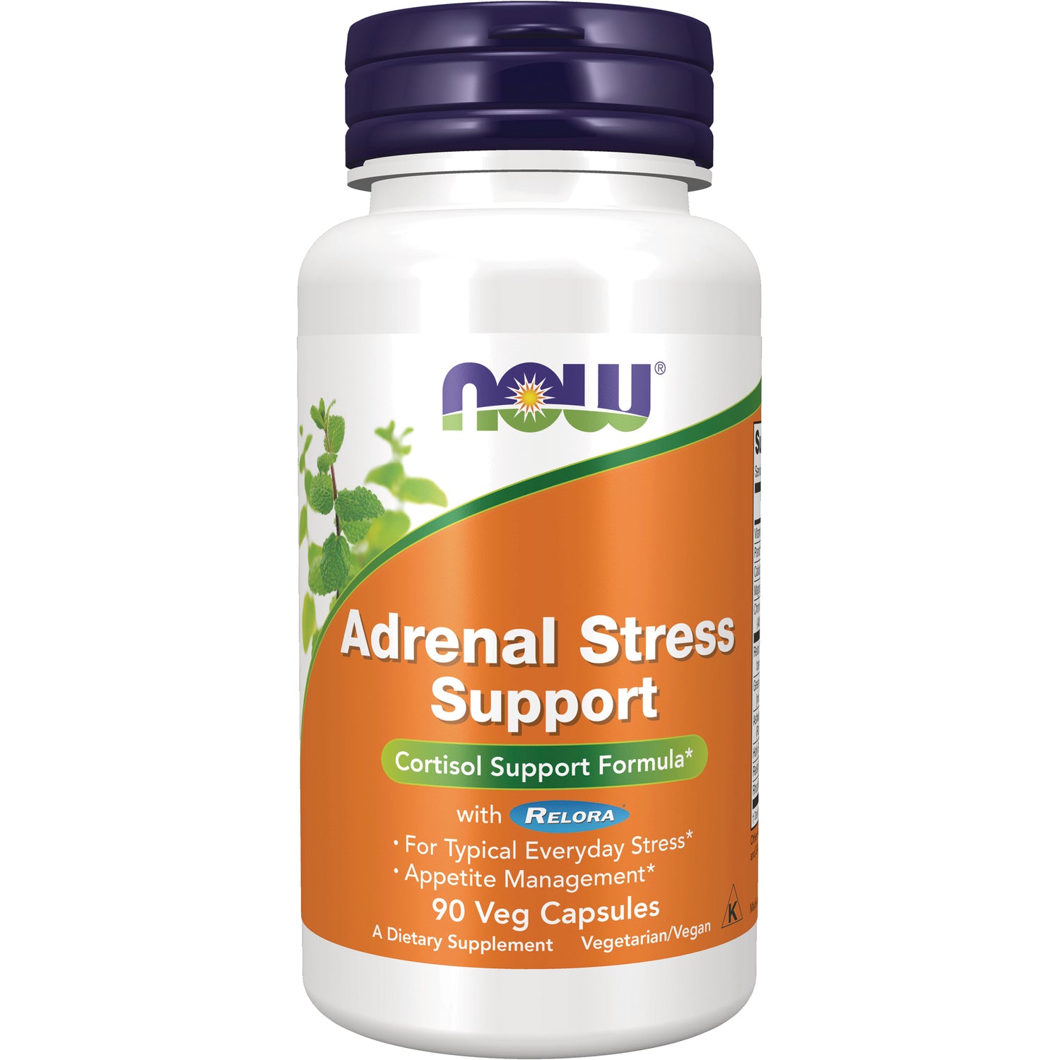 NWF576 | NOW Adrenal Stress Support supplement bottle with orange label reading 90 Veg Capsules