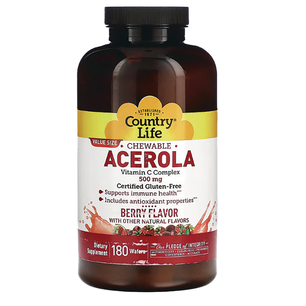 CRL002 | Country Life chewable Acerola vitamin C complex 500 mg berry flavor bottle front, 180 wafers - Thumbnail