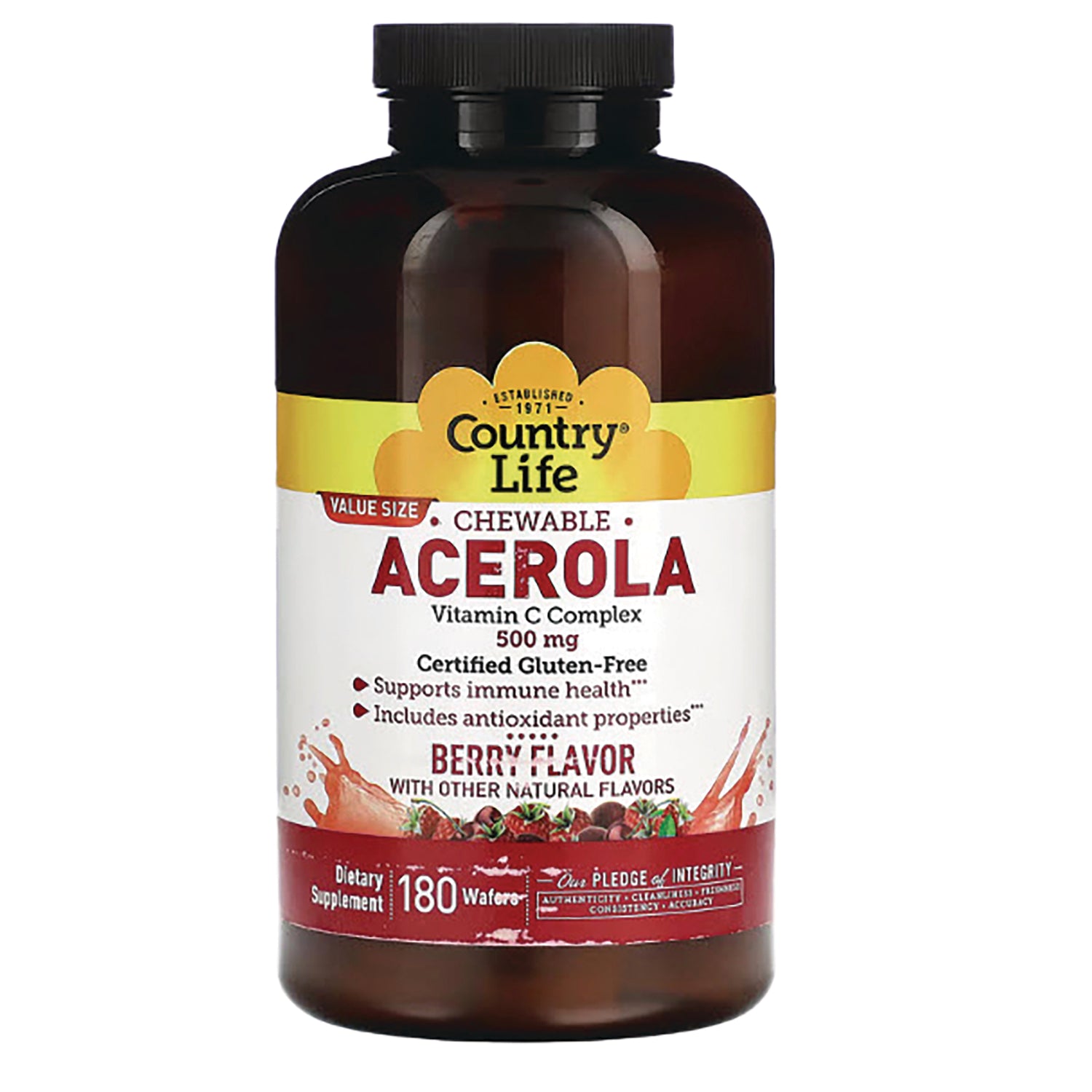 CRL002 | Country Life chewable Acerola vitamin C complex 500 mg berry flavor bottle front, 180 wafers