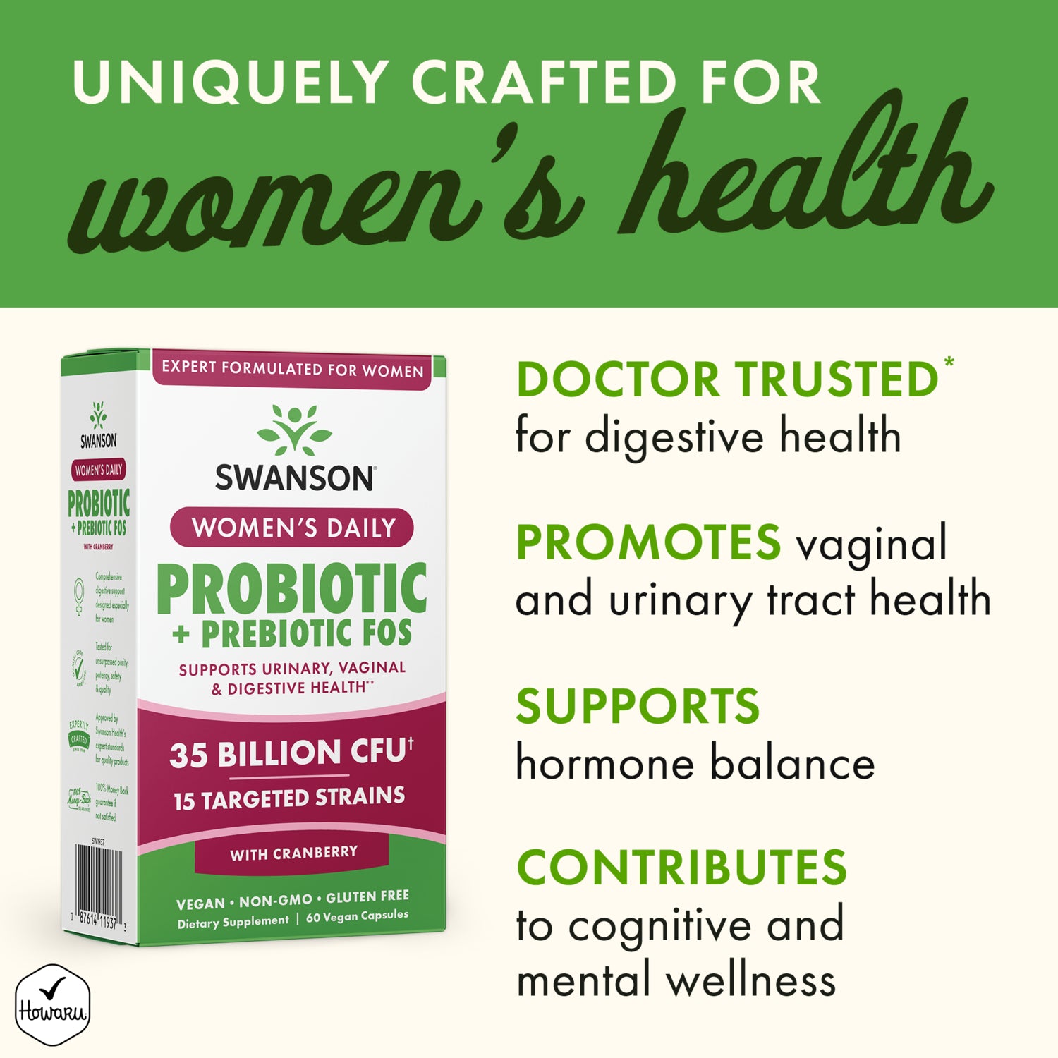 SW1937 | Probiotic box with infographic: doctor trusted for digestive health; promotes vaginal and urinary tract health; supports hormone balance