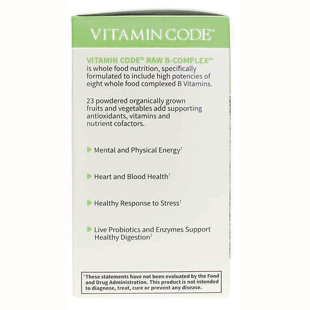 GLF102 | back panel of Vitamin Code Raw B-Complex box listing benefits: mental and physical energy; heart and blood health; healthy response to stress; probiotics and enzymes support digestion - Thumbnail