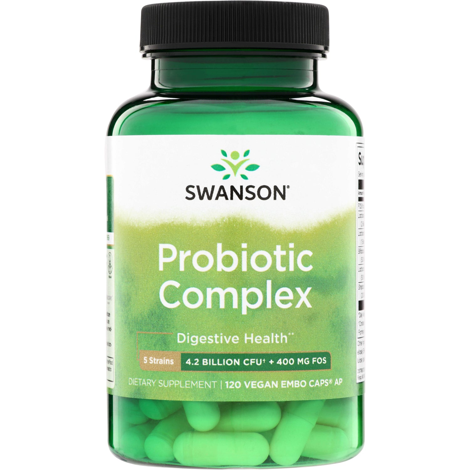 SWU079 | Swanson Probiotic Complex, Digestive Health; 5 strains, 4.2B CFU + 400 mg FOS, 120 vegan capsules