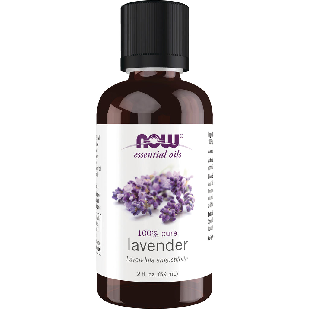 NWF247 | Brown bottle of NOW essential oils lavender 100% pure 2 fl oz with label showing lavender sprigs - Thumbnail