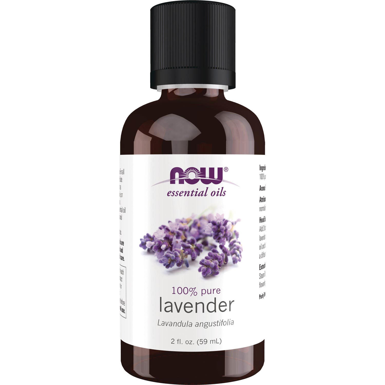 NWF247 | Brown bottle of NOW essential oils lavender 100% pure 2 fl oz with label showing lavender sprigs