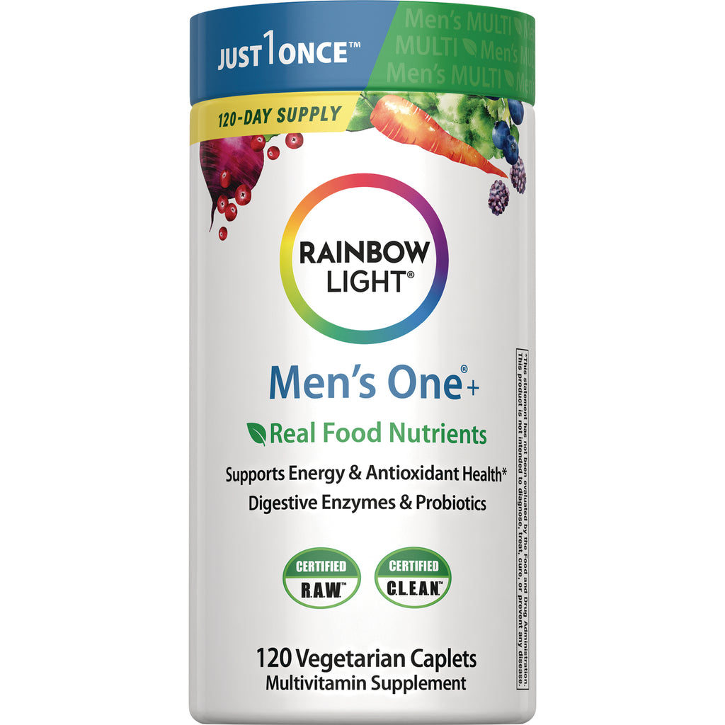 RBL171 | Rainbow Light Men's One+ multivitamin bottle showing Real Food Nutrients label and 120 vegetarian caplets - Thumbnail