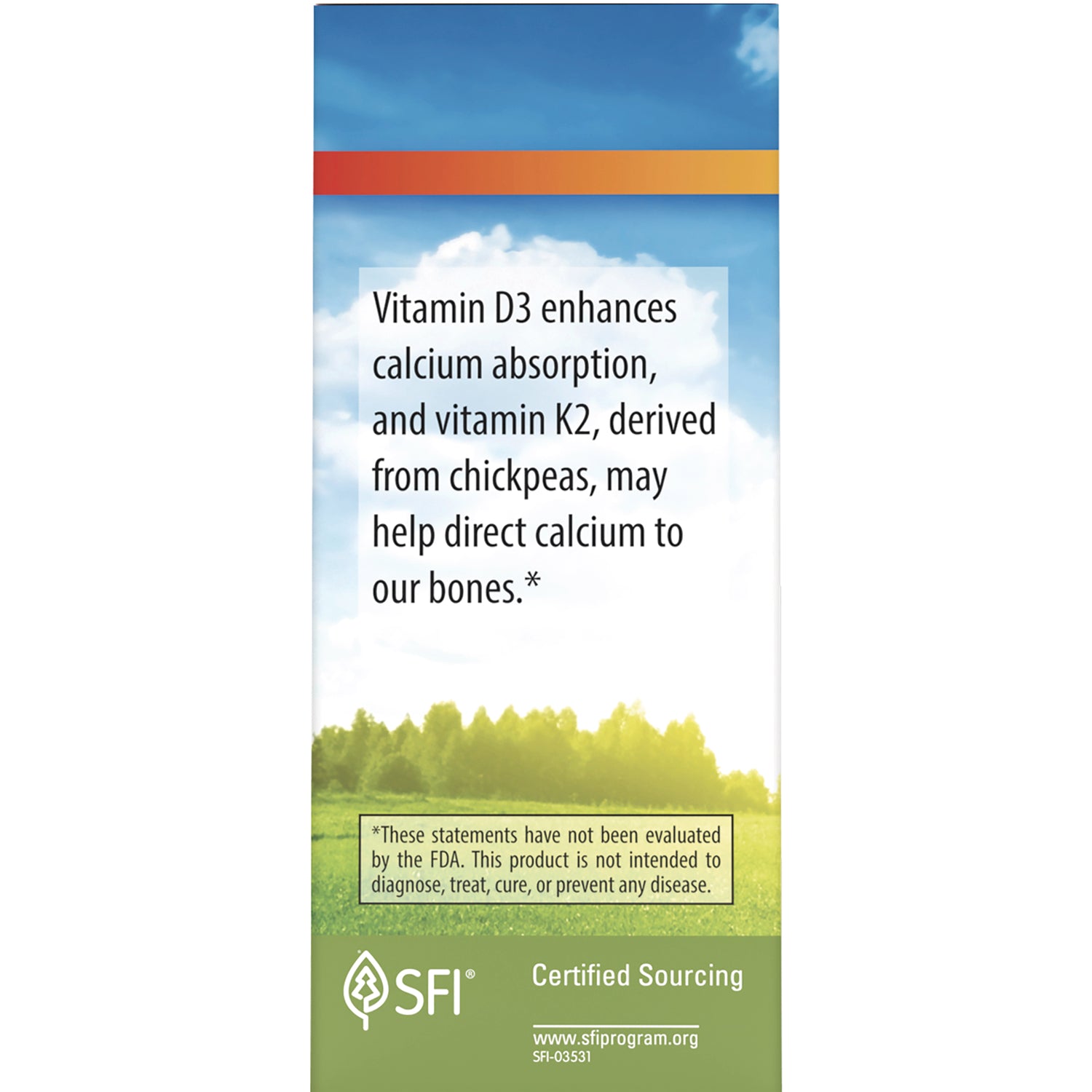 CSN264 | product infographic reading Vitamin D3 enhances calcium absorption and vitamin K2 from chickpeas may help direct calcium to bones, SFI certified