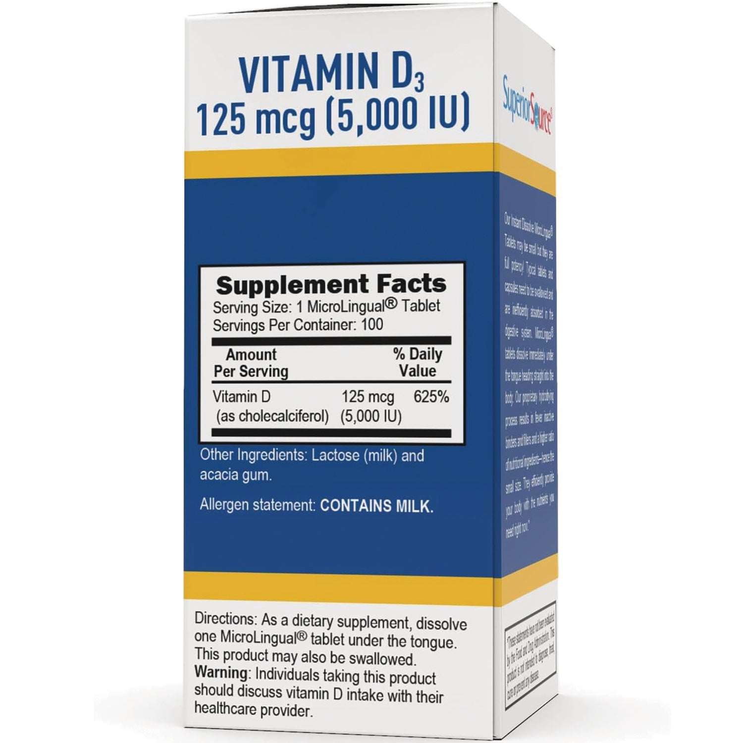 SUS001 | Back panel with Supplement Facts for Vitamin D3 125 mcg (5,000 IU), serving size 1 MicroLingual tablet
