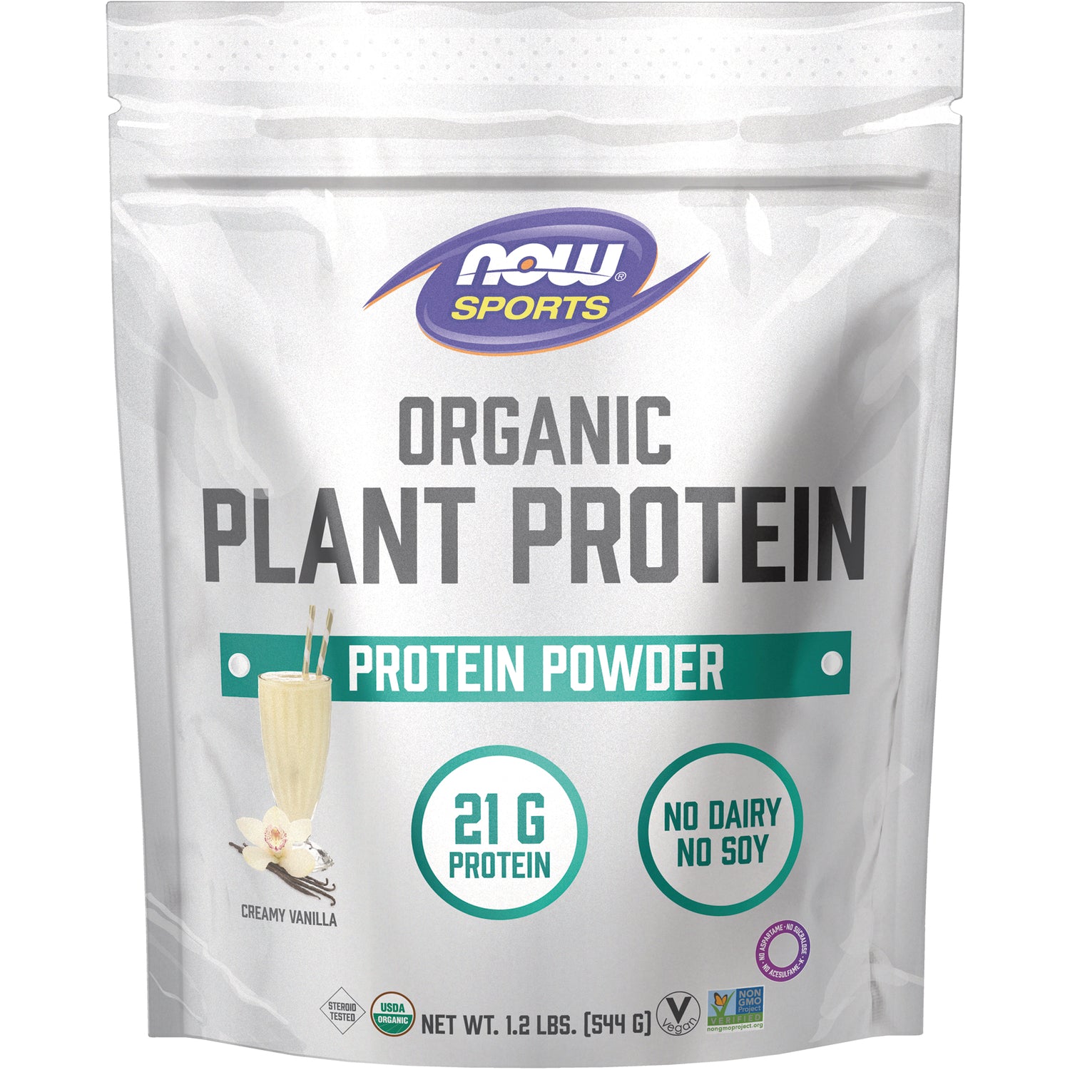 NWF1426 | NOW Sports Organic Plant Protein powder pouch, creamy vanilla, 21 g protein, no dairy no soy