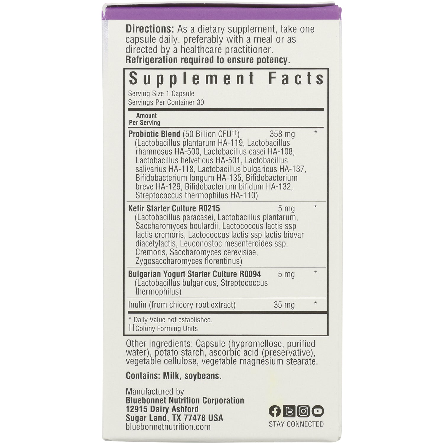 BLU148 | back panel showing supplement facts, directions, and ingredient list contains Milk, soybeans