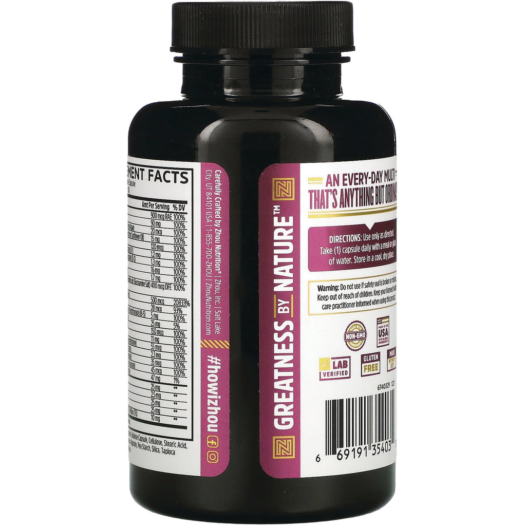 ZOU073 | Back of Zhou multivitamin bottle with directions, supplement facts panel, barcode, and certification badges - Thumbnail