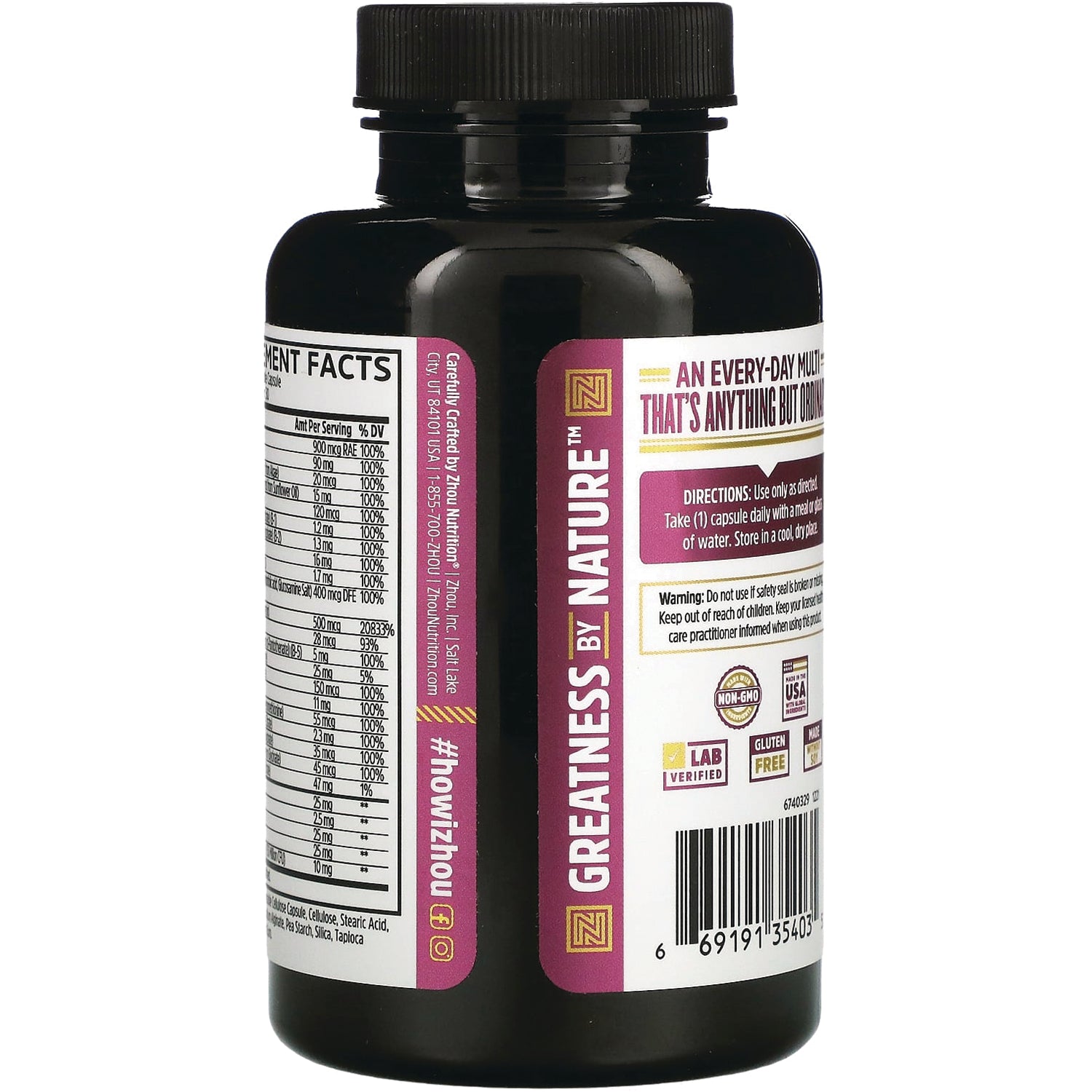 ZOU073 | Back of Zhou multivitamin bottle with directions, supplement facts panel, barcode, and certification badges