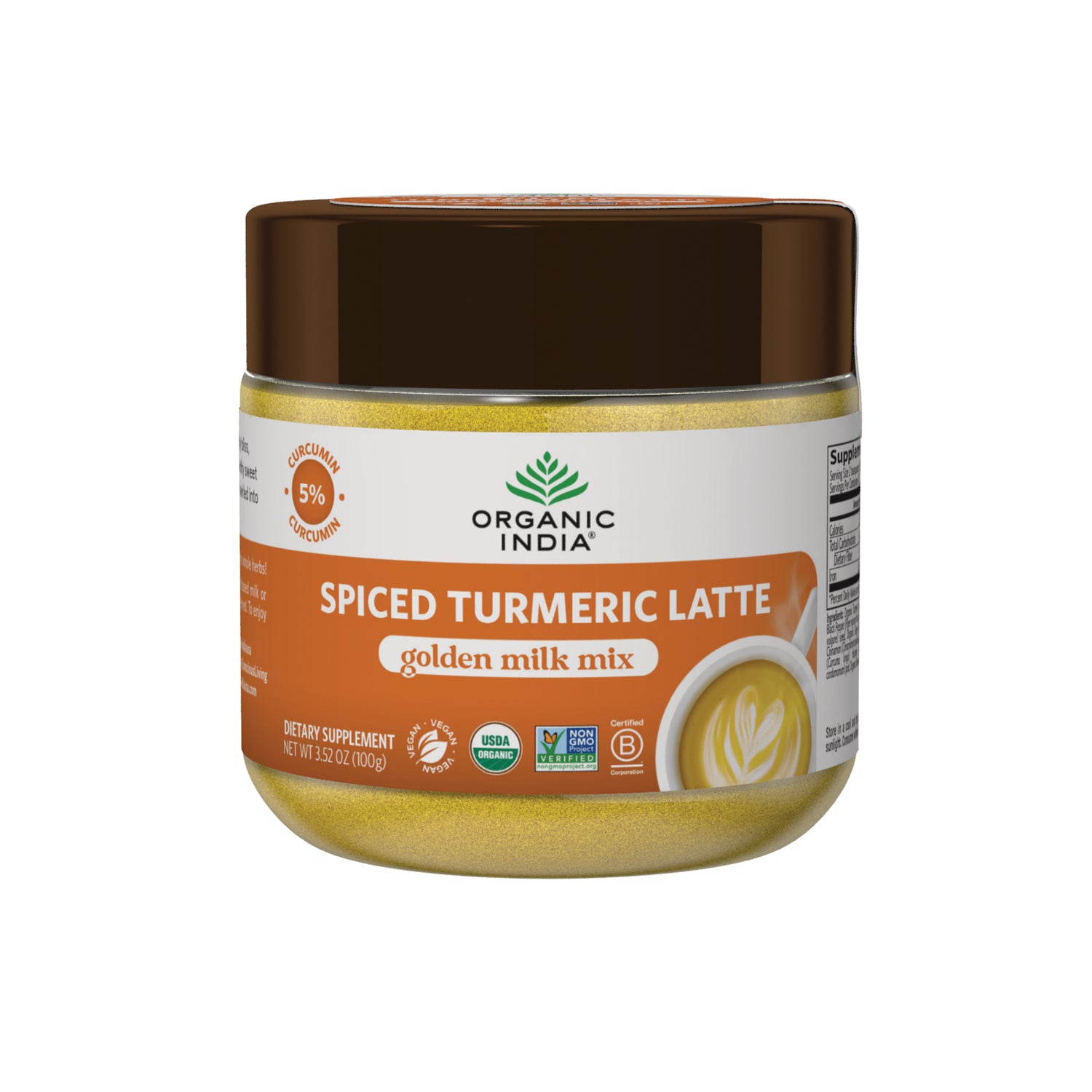 Organic India Spiced Turmeric Latte golden milk mix jar, front label showing product name and logo