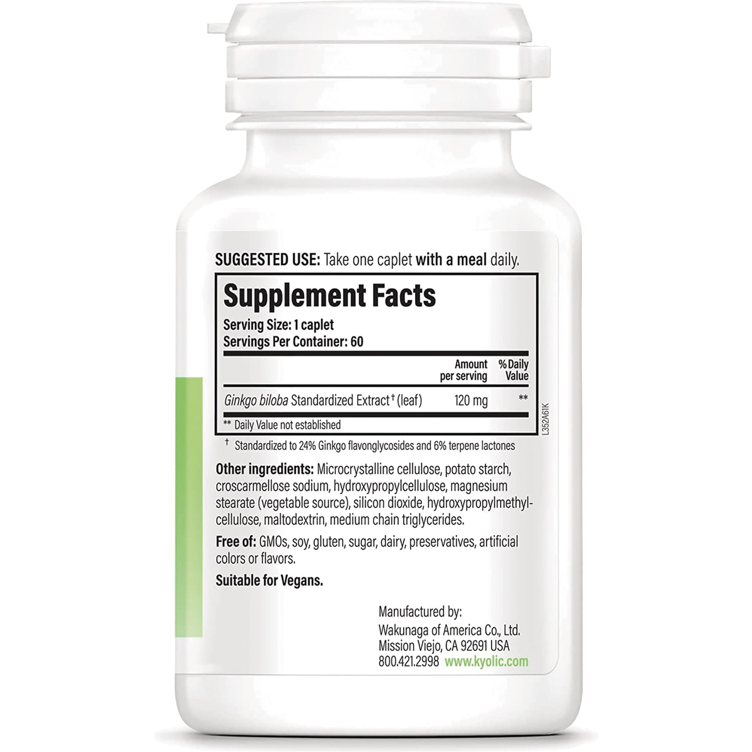 KY046 | Back of white supplement bottle showing Supplement Facts panel with Ginkgo biloba 120 mg and other ingredients