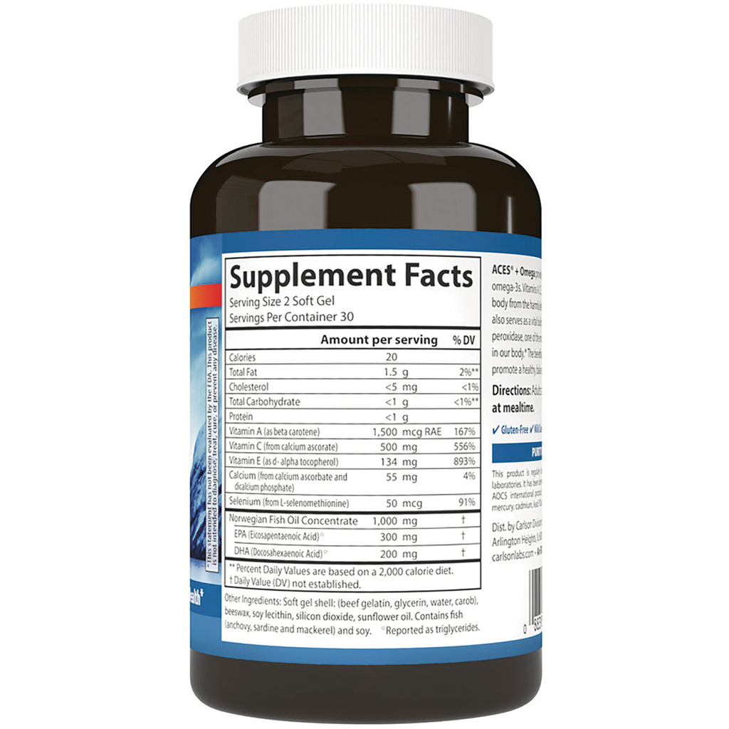 Supplement Facts label on back of brown supplement bottle showing serving size, nutrient amounts and Norwegian fish oil content - Thumbnail