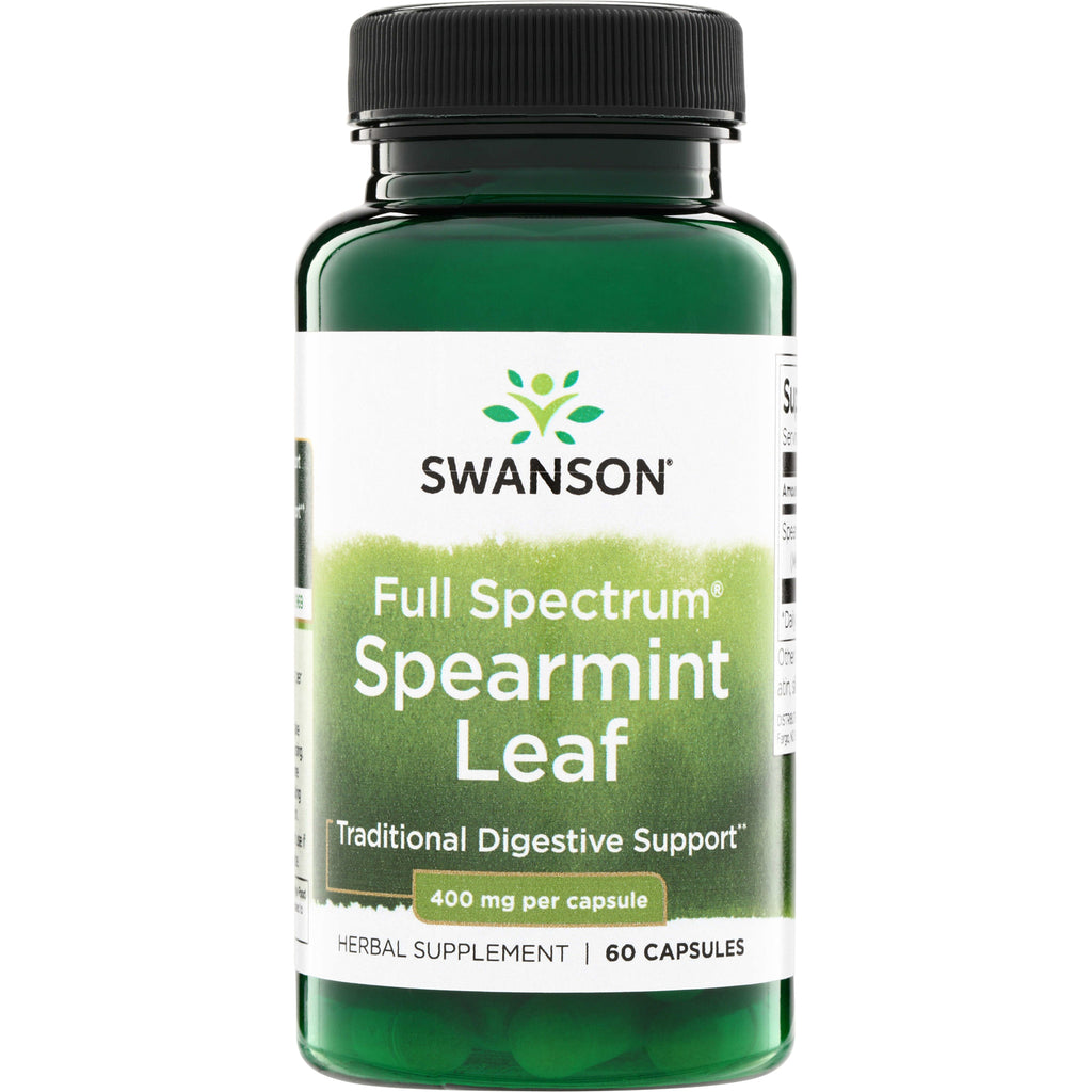 SW1261 | Swanson Full Spectrum Spearmint Leaf herbal supplement, 400 mg per capsule, 60 capsules, front bottle - Thumbnail