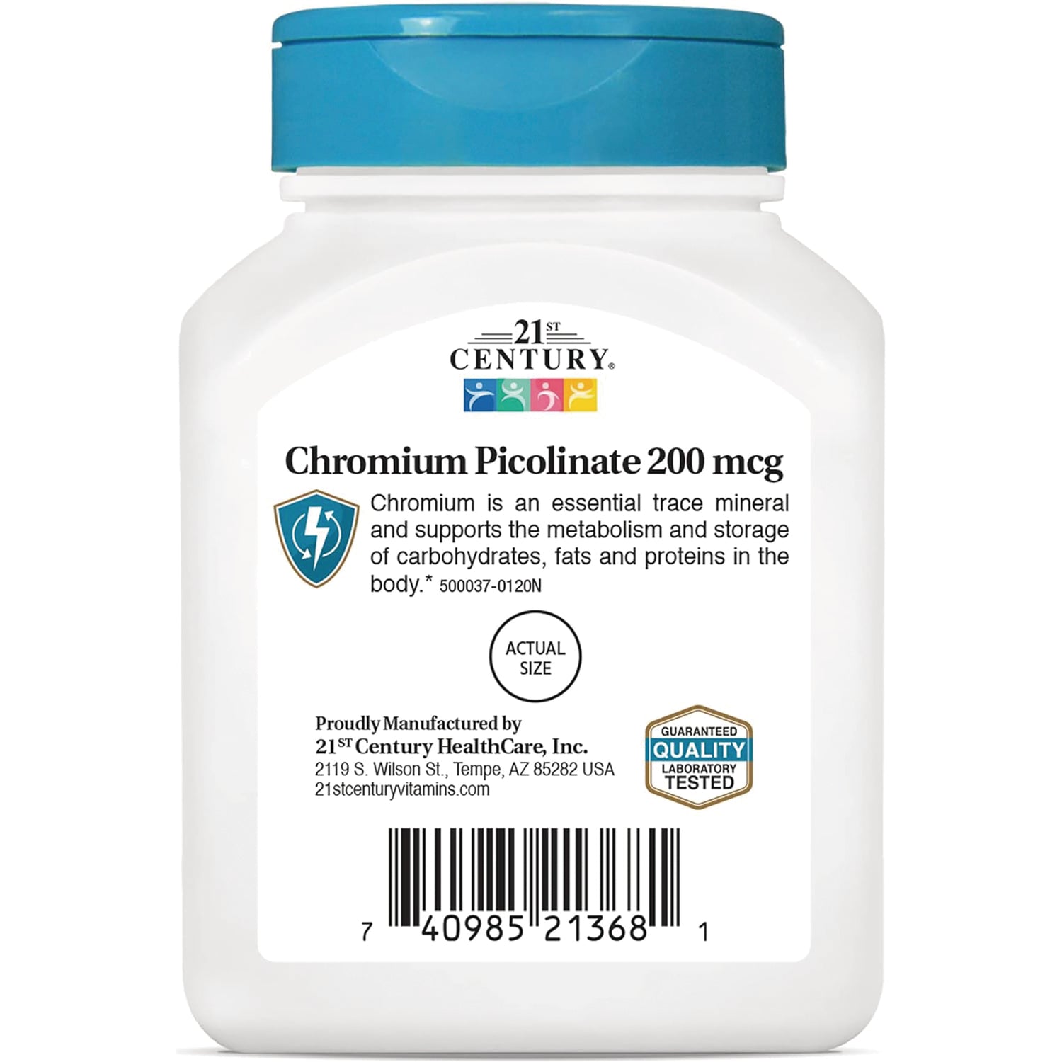 CNT035 | White supplement bottle with teal cap labeled Chromium Picolinate 200 mcg showing actual size circle and barcode