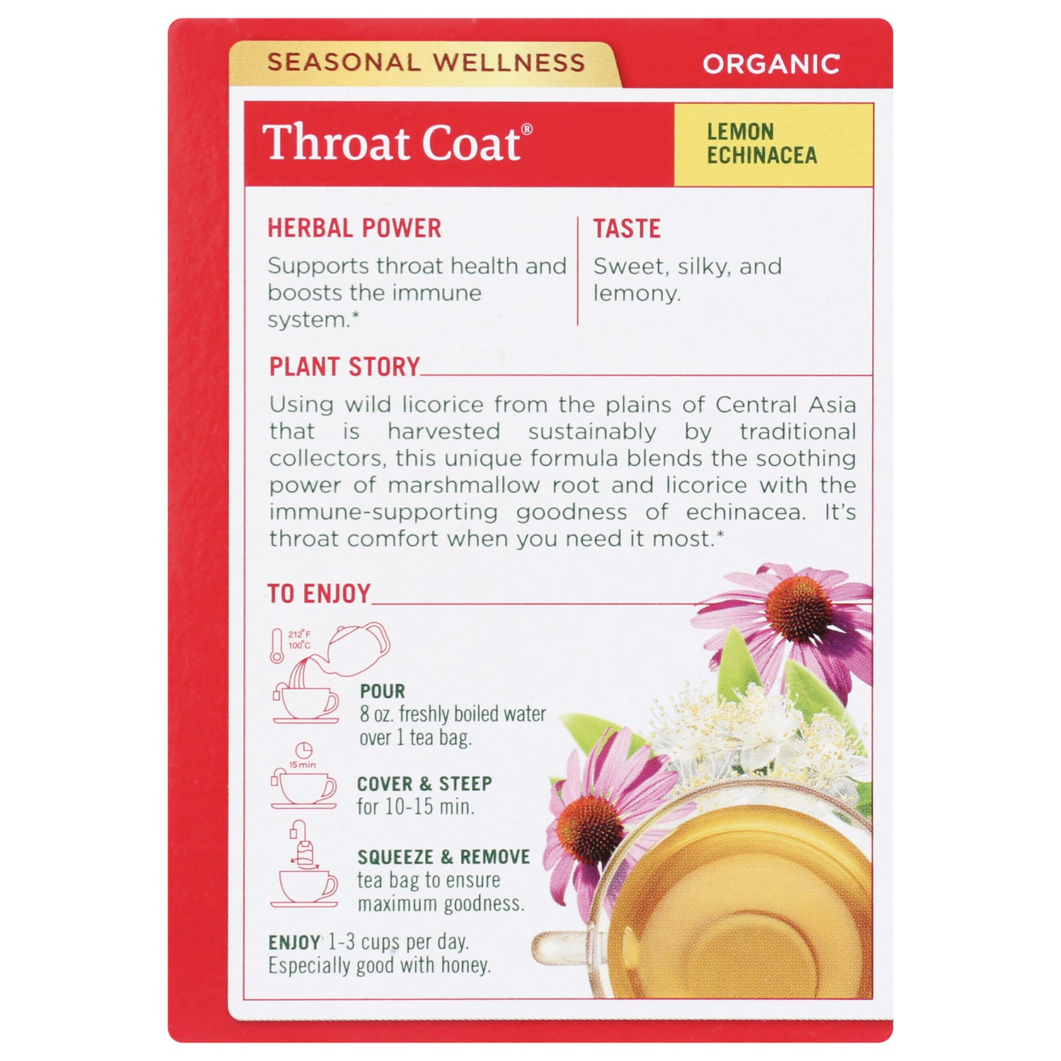 TMD022 | Back panel of Throat Coat Lemon Echinacea tea with herbal power, taste, plant story, and brewing directions