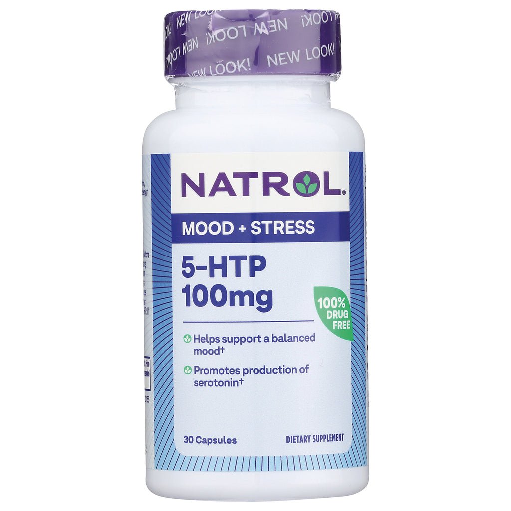 NA332 | Natrol 5-HTP 100mg mood + stress dietary supplement bottle, 30 capsules, label shows 100% DRUG FREE - Thumbnail