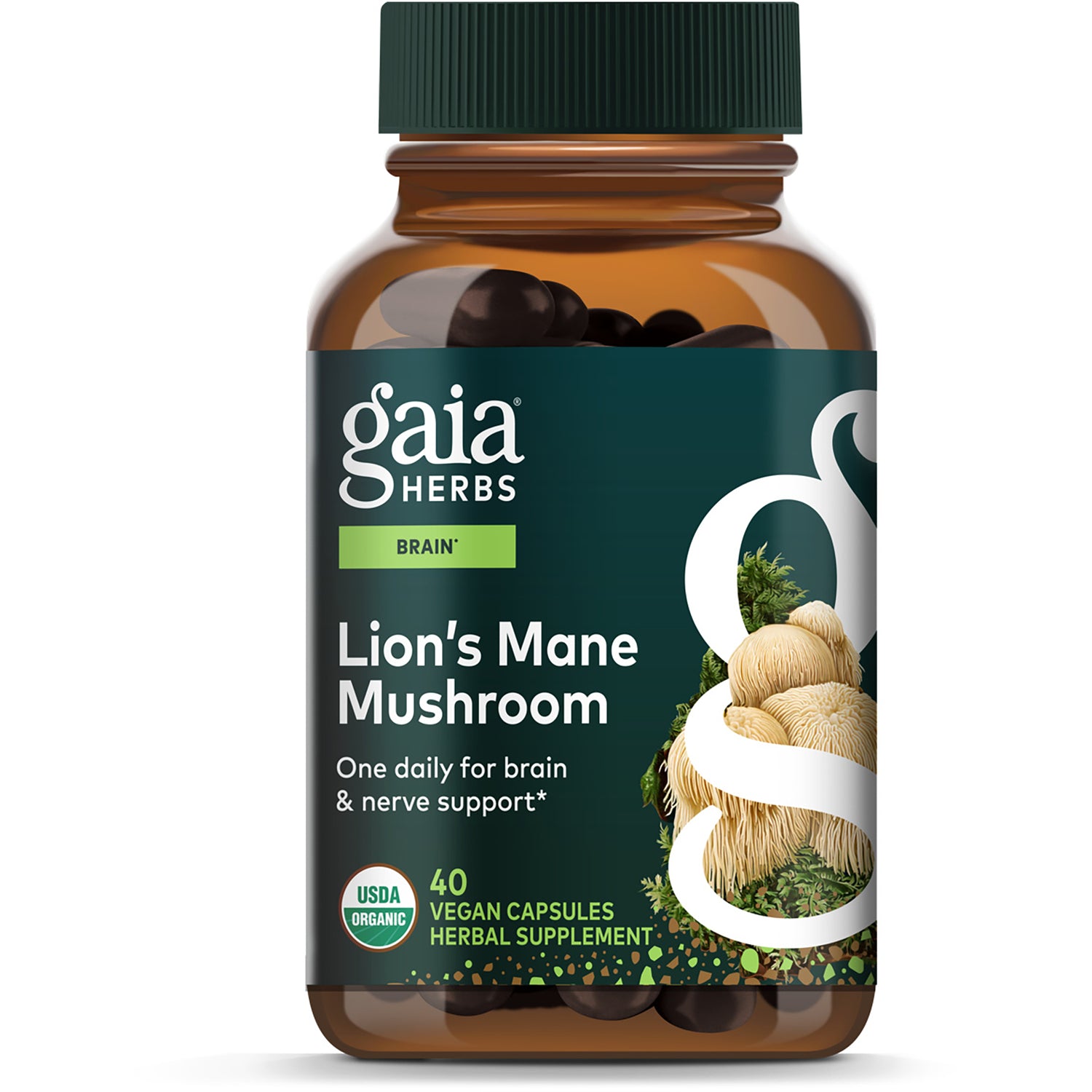 GH148 | Gaia Herbs Lion's Mane Mushroom supplement box, brain & nerve support, 40 vegan capsules
