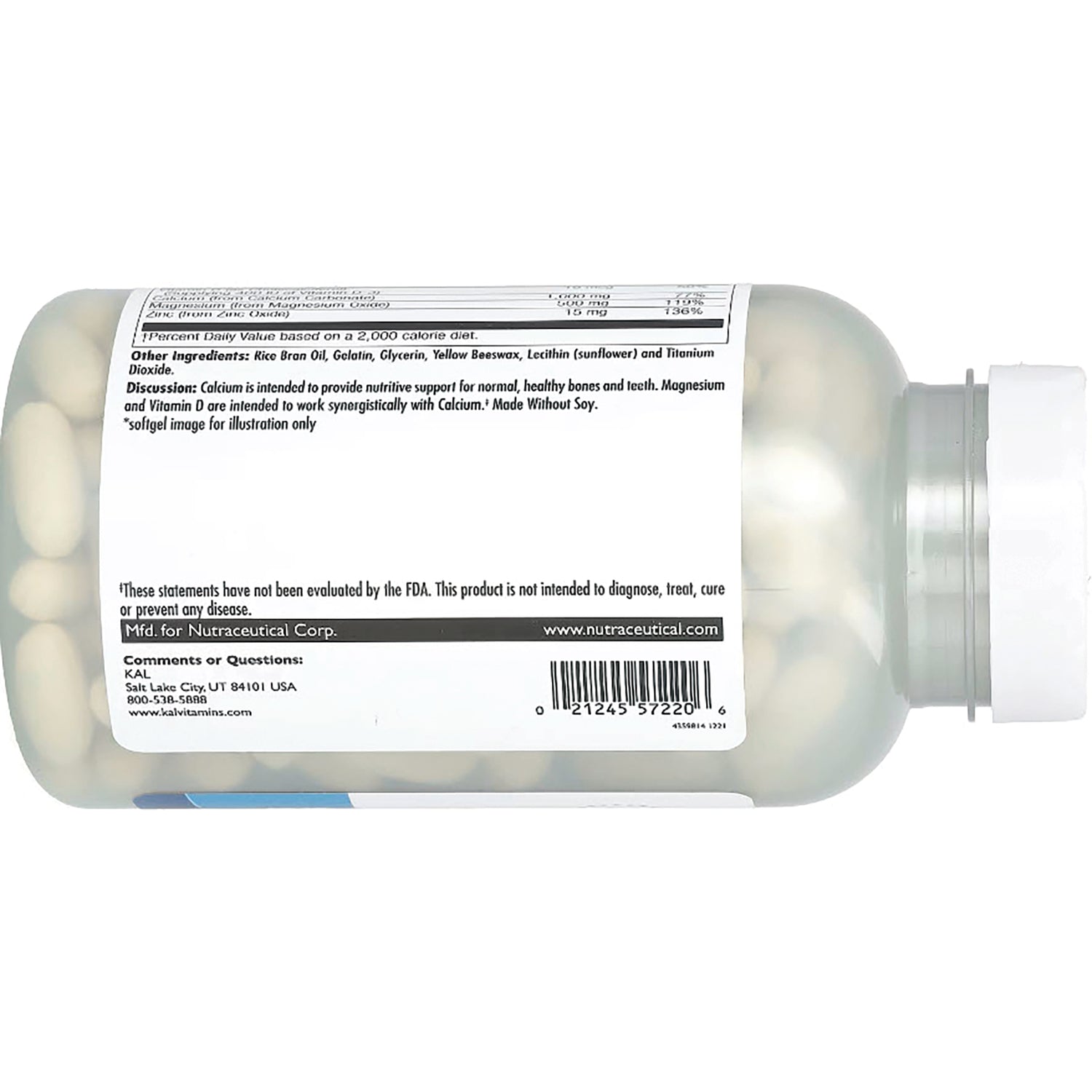 KL493 | Back of clear supplement bottle on its side showing white softgel capsules, ingredient panel and barcode