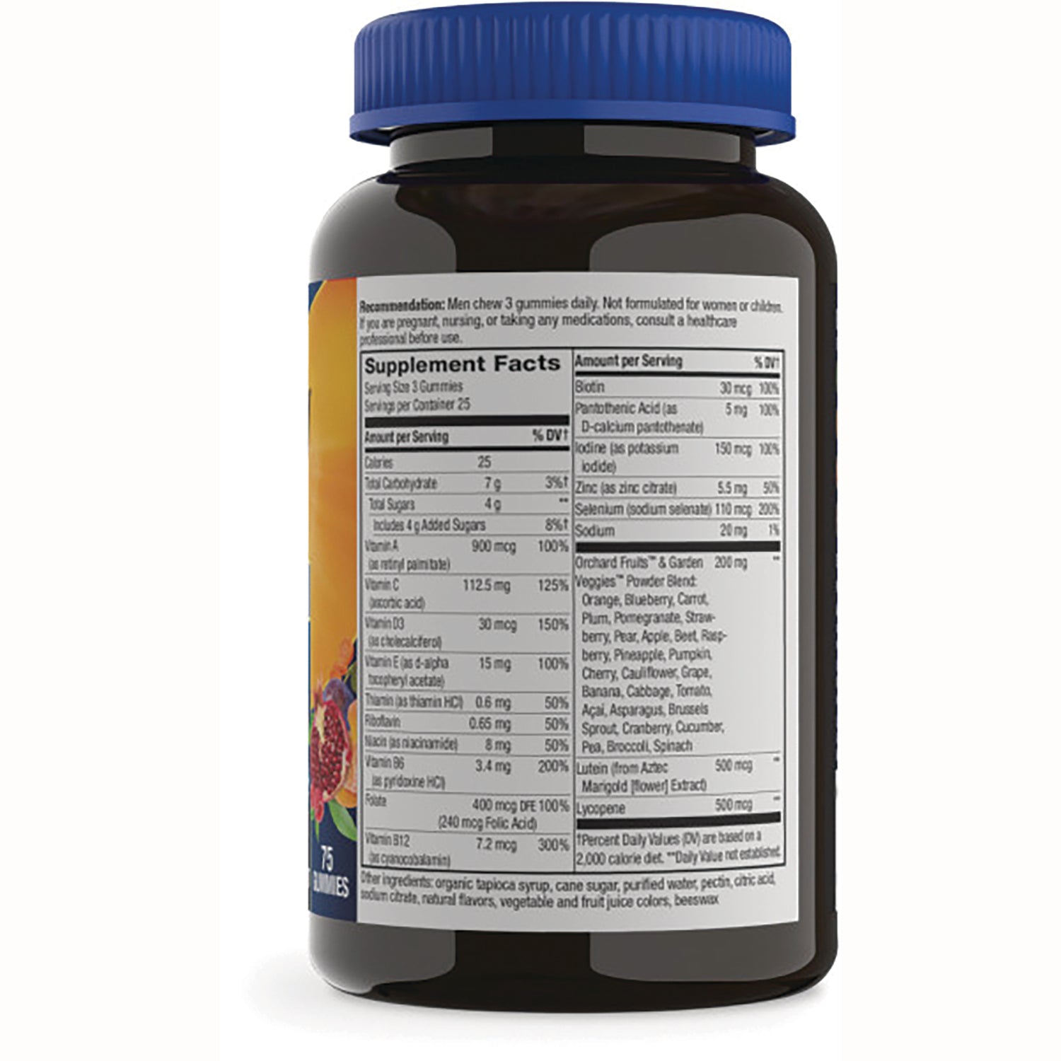 NW885 | Back of dark supplement bottle showing Supplement Facts panel and ingredients with blue cap