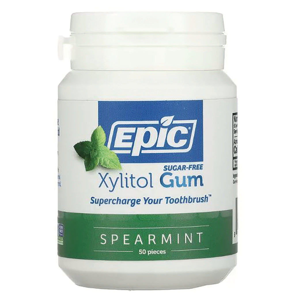 EPI012 | White bottle of Epic Xylitol Gum, spearmint flavor label with brand logo and 50 pieces - Thumbnail