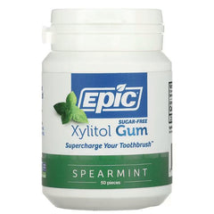 EPI012 | White bottle of Epic Xylitol Gum, spearmint flavor label with brand logo and 50 pieces