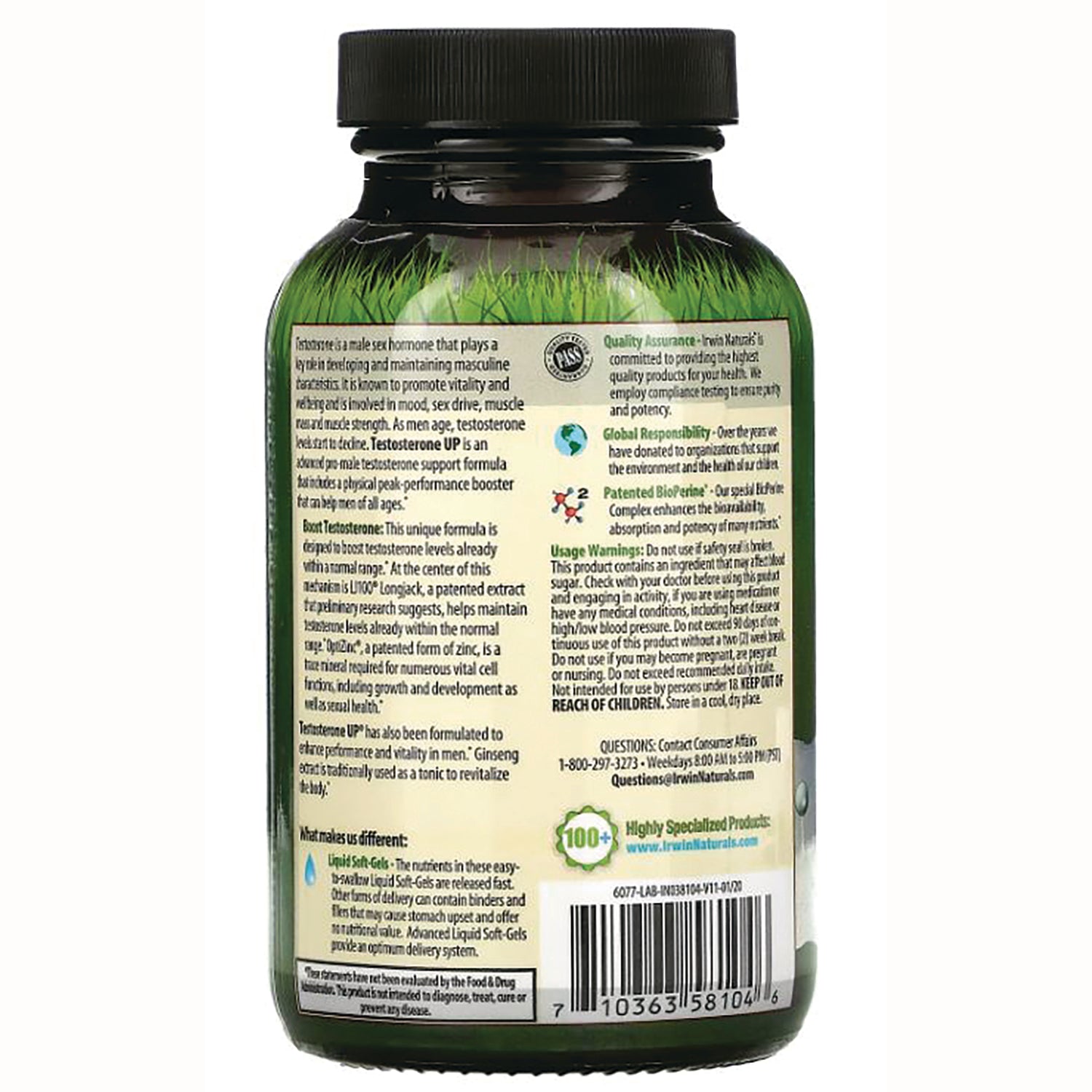 IR103 | back label of supplement bottle showing ingredients, usage warnings, certifications and barcode
