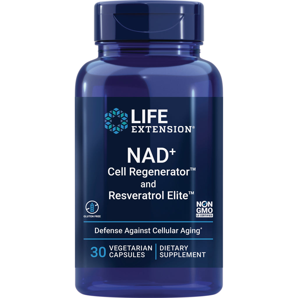 LE491 | Blue Life Extension bottle labeled NAD+ Cell Regenerator and Resveratrol Elite, 30 vegetarian capsules - Thumbnail