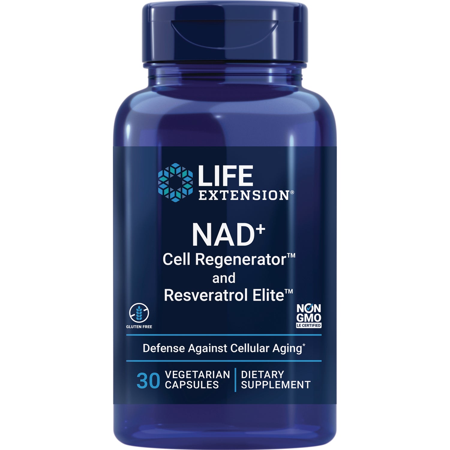 LE491 | Blue Life Extension bottle labeled NAD+ Cell Regenerator and Resveratrol Elite, 30 vegetarian capsules