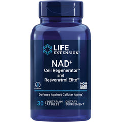 LE491 | Blue Life Extension bottle labeled NAD+ Cell Regenerator and Resveratrol Elite, 30 vegetarian capsules