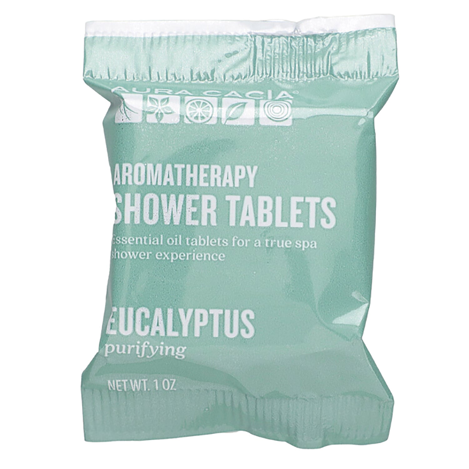 ARC054 | Green eucalyptus aromatherapy shower tablets packet labeled AROMATHERAPY SHOWER TABLETS EUCALYPTUS purifying NET WT 1 OZ