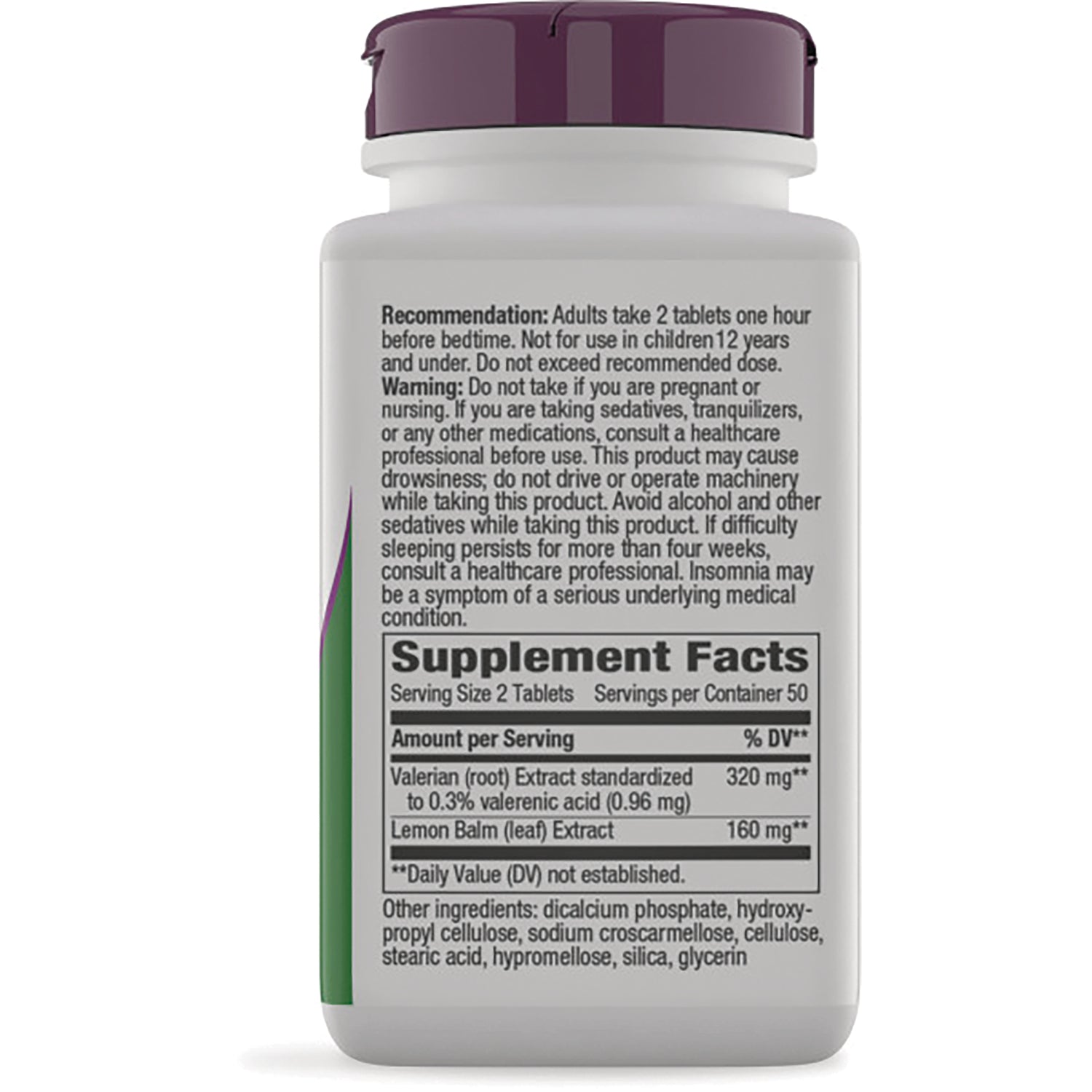NW749 | Back of white supplement bottle showing warnings and Supplement Facts panel with Valerian 320 mg and Lemon Balm 160 mg