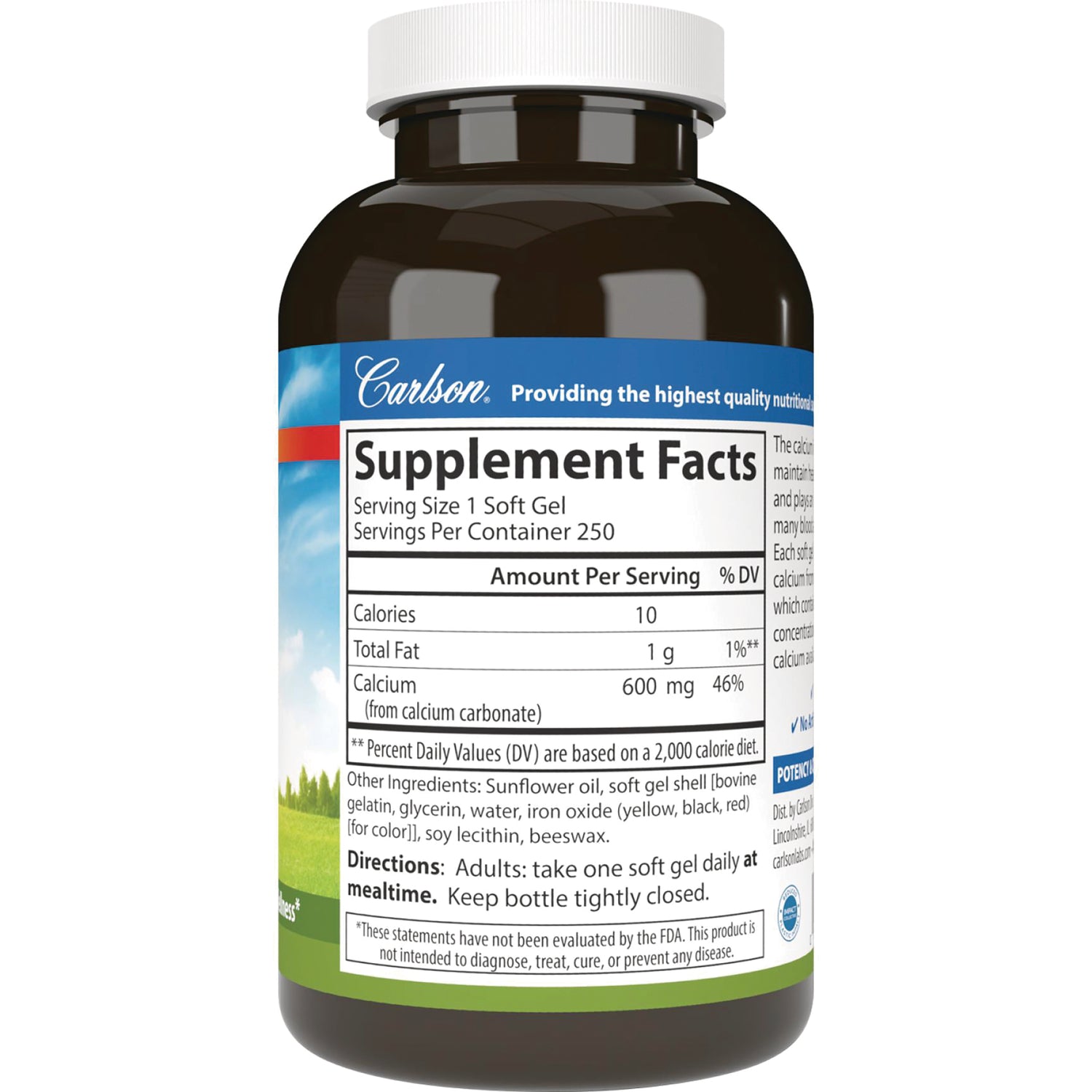 CSN313 | bottle back showing Supplement Facts panel with serving size 1 soft gel, calcium 600 mg and ingredients