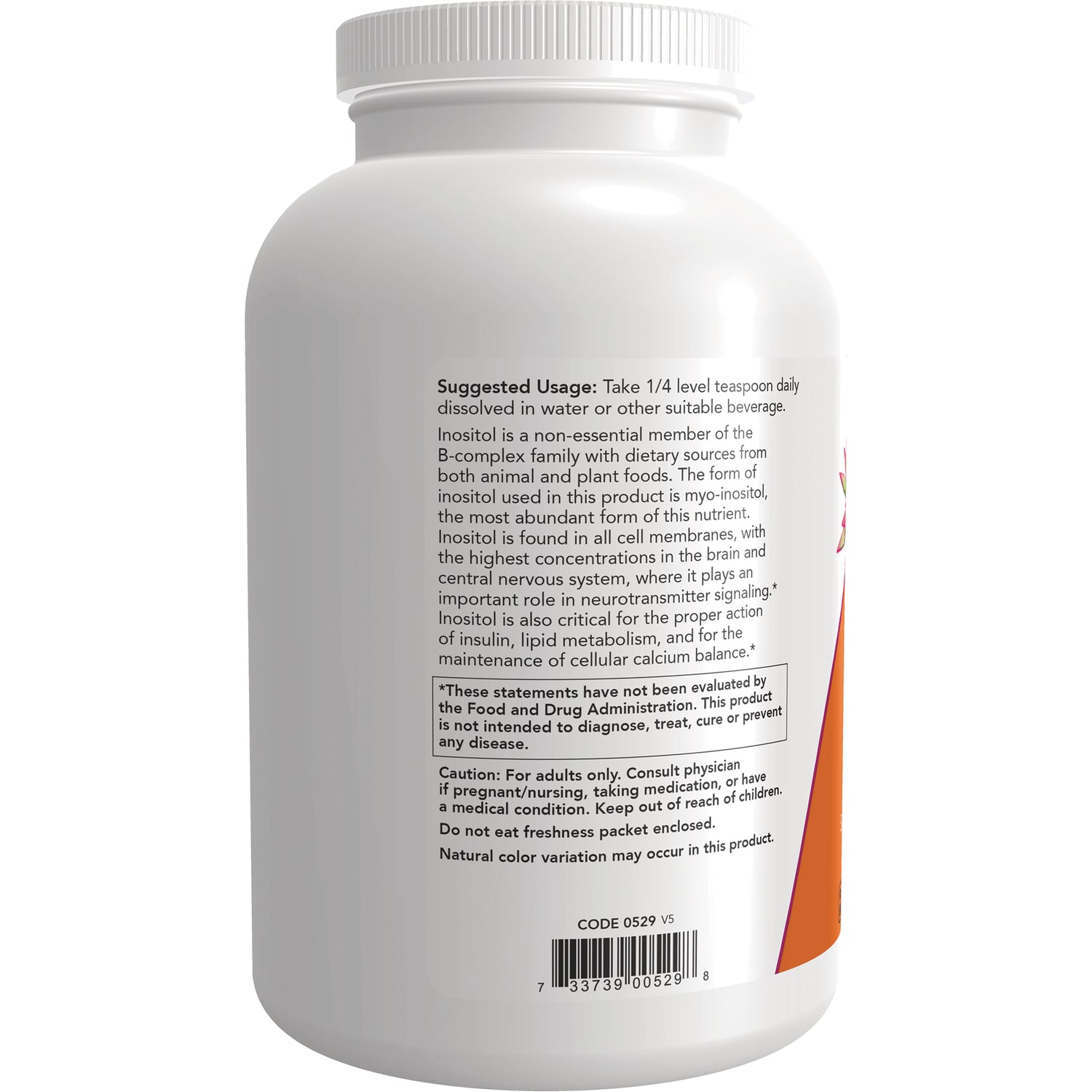 NWF1434 | back label of white supplement bottle showing suggested usage, caution text, and barcode