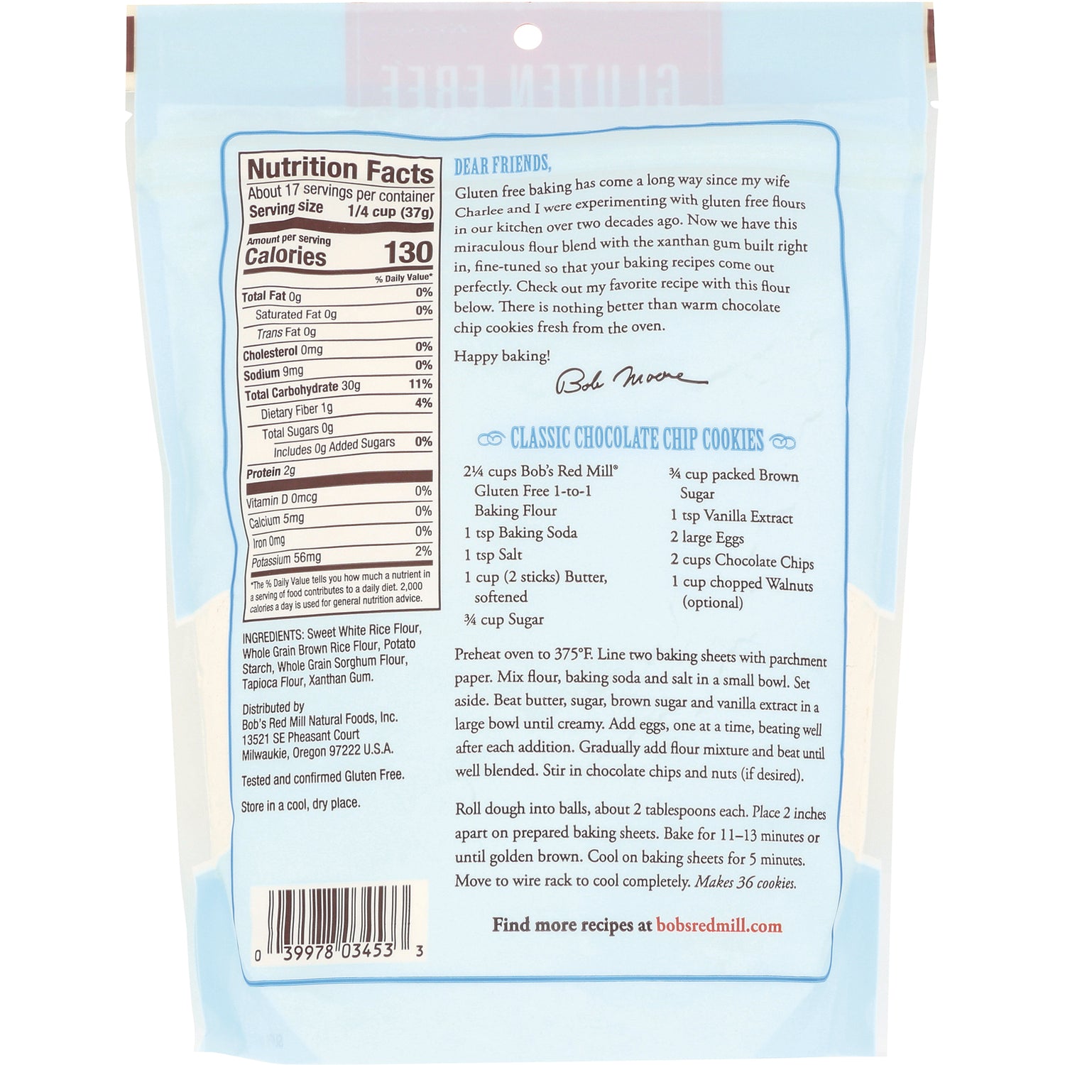 BOB343 | back of light blue bag showing nutrition facts, ingredients, and classic chocolate chip cookies recipe