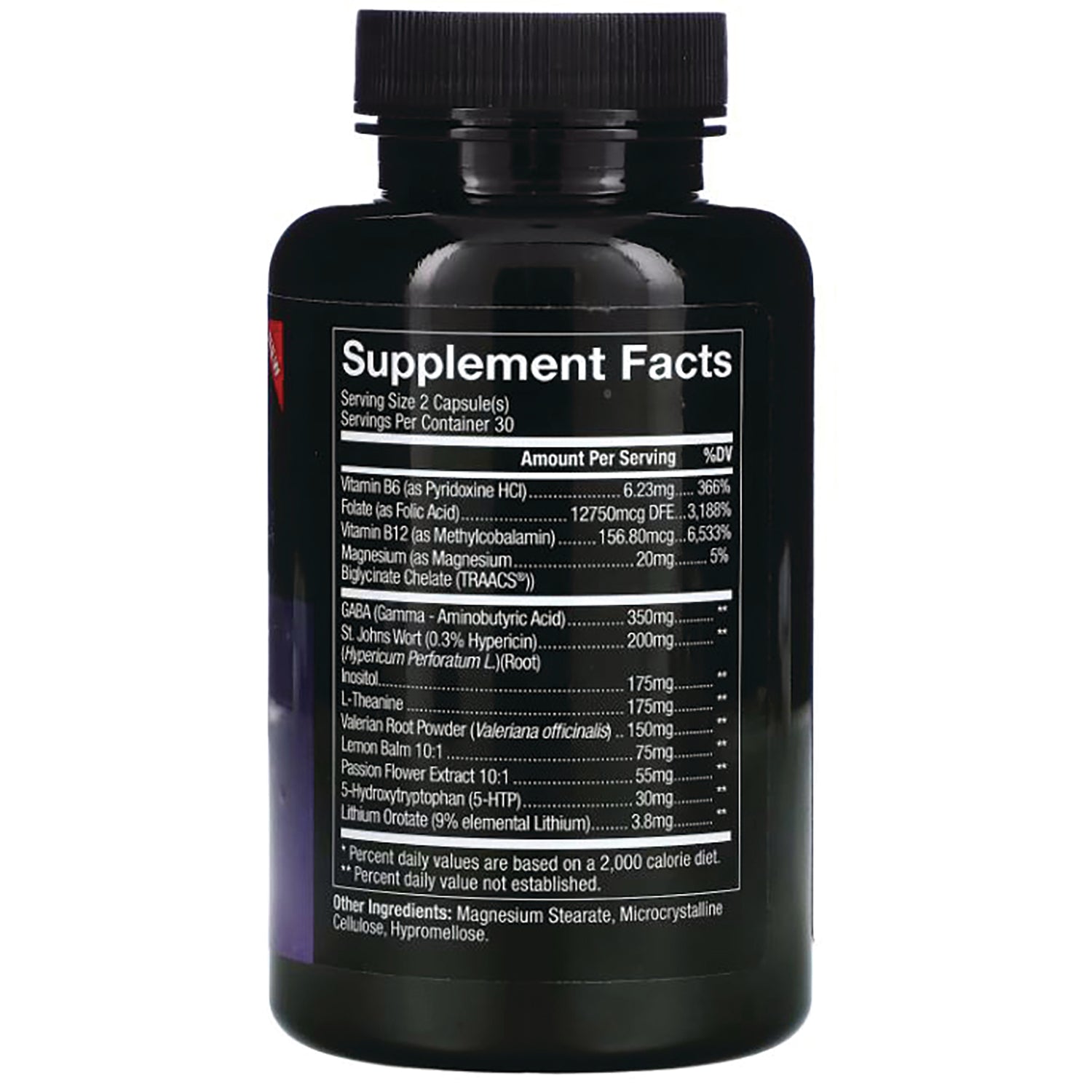 DRE005 | Back of black supplement bottle showing Supplement Facts panel and ingredient list