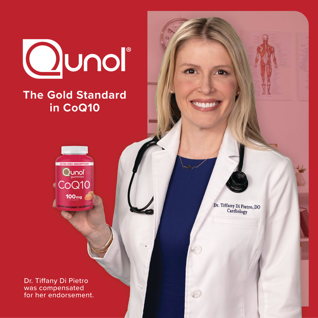 QNL013 | Qunol CoQ10 gummies bottle held by a doctor with the tagline The Gold Standard in CoQ10 - Thumbnail