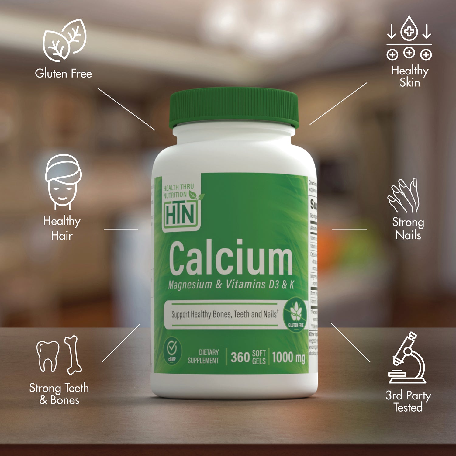 HTN010 | Green HTN Calcium bottle infographic with icons for strong bones, teeth, hair, skin, nails, gluten free, 360 soft gels 1000 mg