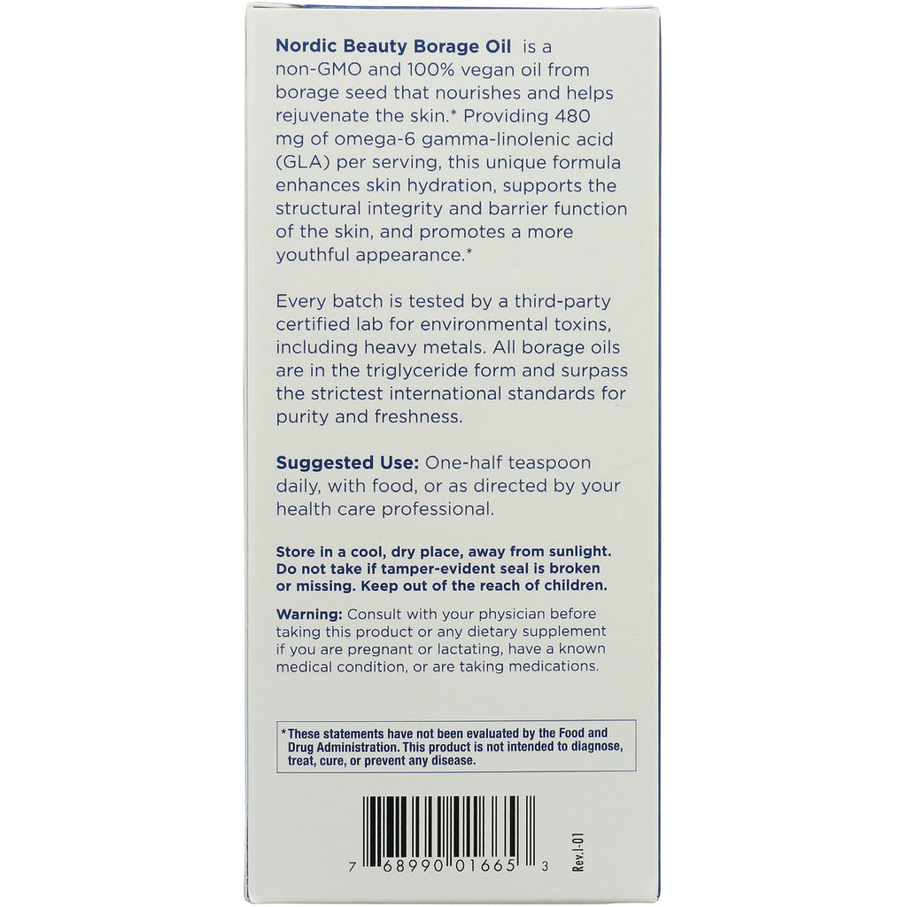 NRN058 | back panel with Nordic Beauty Borage Oil description, suggested use, warning, and barcode - Thumbnail
