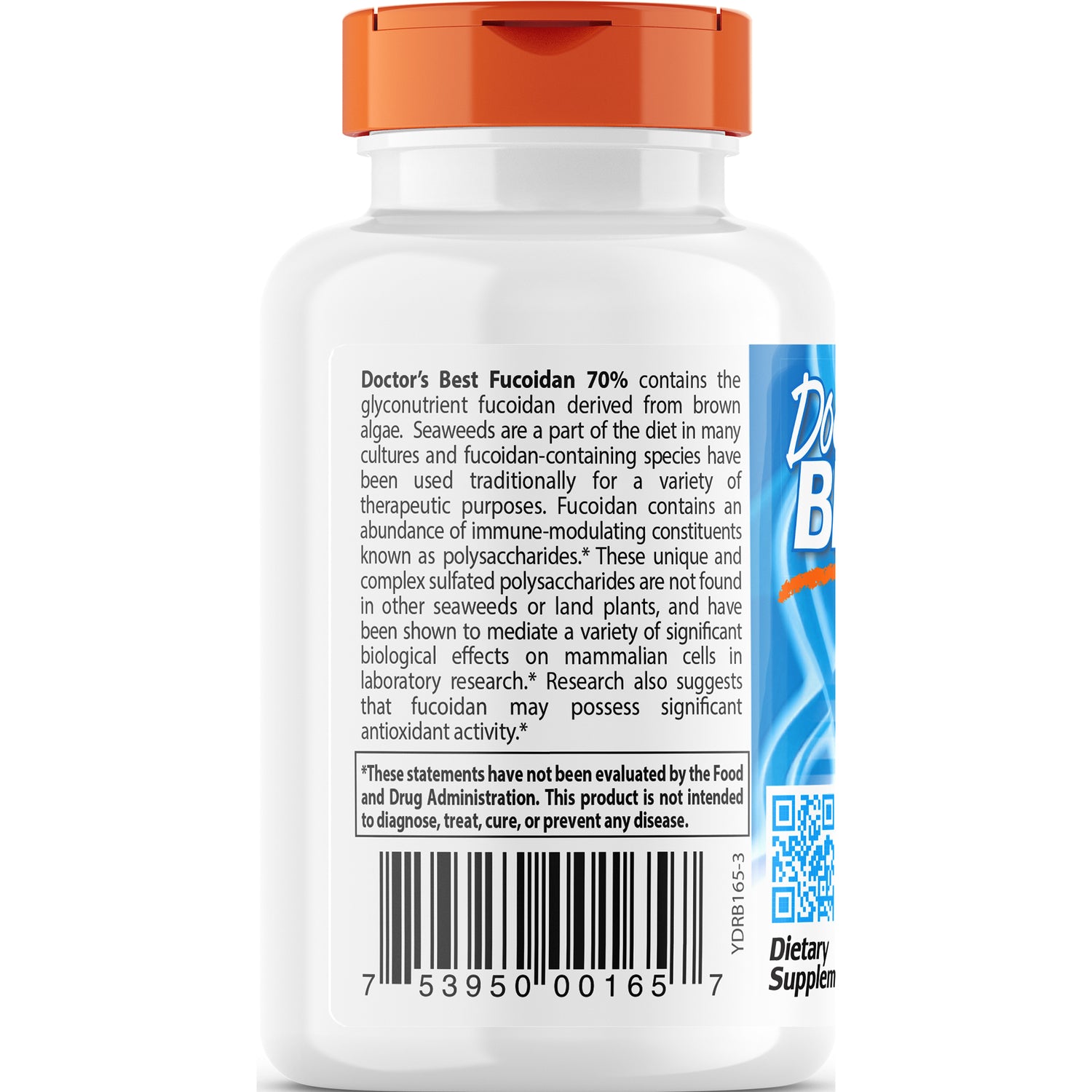 DB109 | Back label of white supplement bottle with orange cap showing Doctor's Best Fucoidan 70% description, barcode and QR code
