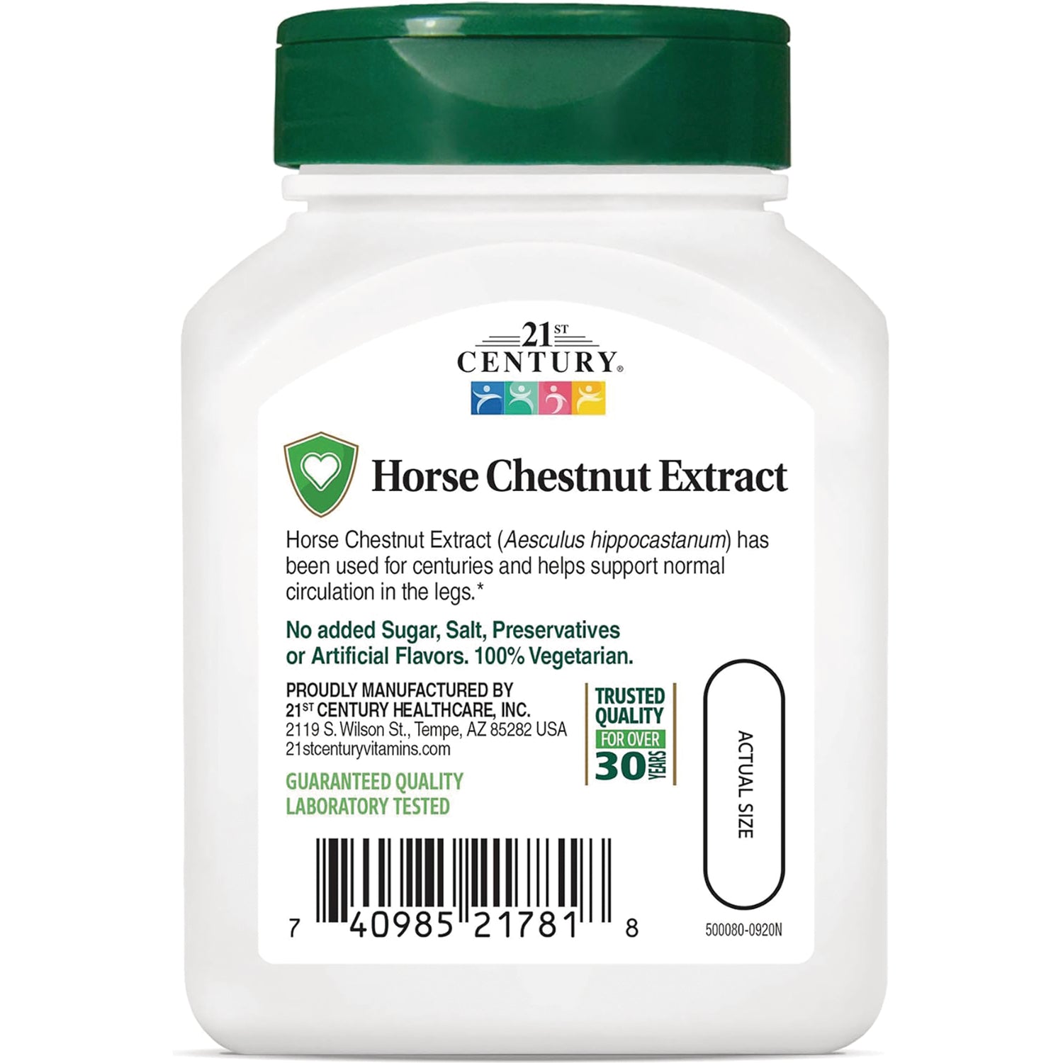 CNT092 | Bottle front label for Horse Chestnut Extract supplement with green cap and barcode