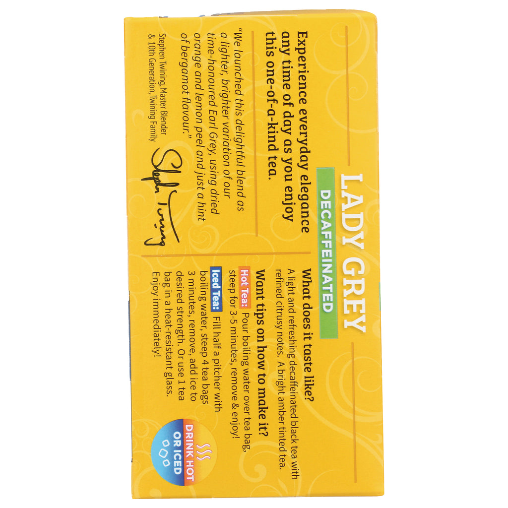 TWN018 | Lady Grey Decaffeinated tea box side with flavor notes and hot/iced brew tips - Thumbnail